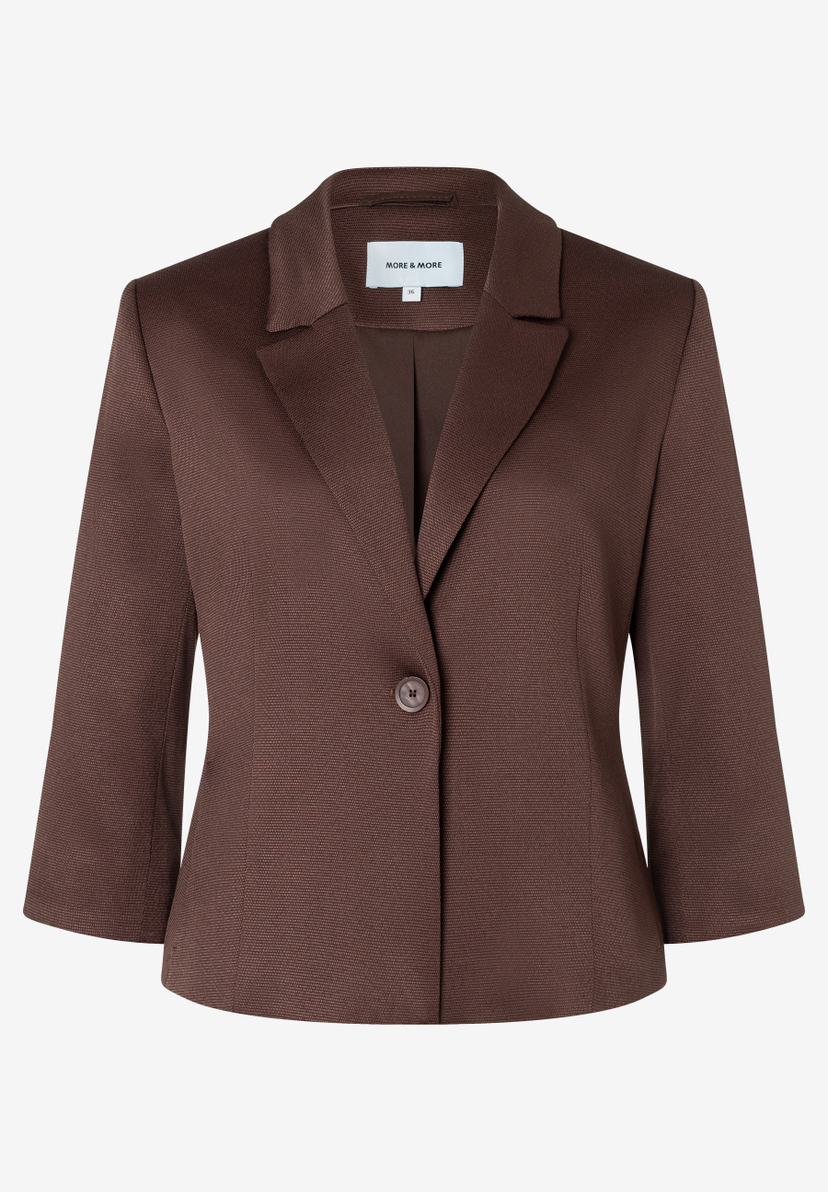 MORE & MORE Blazer in Dunkelbraun, taillierter Schnitt, Webware mit elastischem Tragekomfort, 3/4-Ärmel, Ein-Knopf-Verschluss. MORE & MORE Blazer in Dunkelbraun, taillierter Schnitt, Webware mit elastischem Tragekomfort, 3/4-Ärmel, Ein-Knopf-Verschluss.