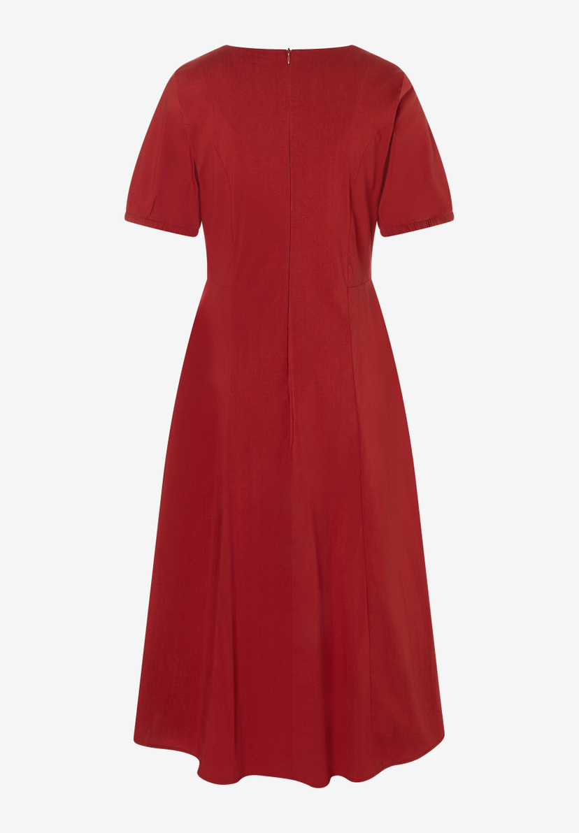 MORE & MORE rotes Midikleid mit kurzen, leicht gerafften Ärmeln, U-Boot-Ausschnitt & rückseitigem Reißverschluss MORE & MORE rotes Midikleid mit kurzen, leicht gerafften Ärmeln, U-Boot-Ausschnitt & rückseitigem Reißverschluss
