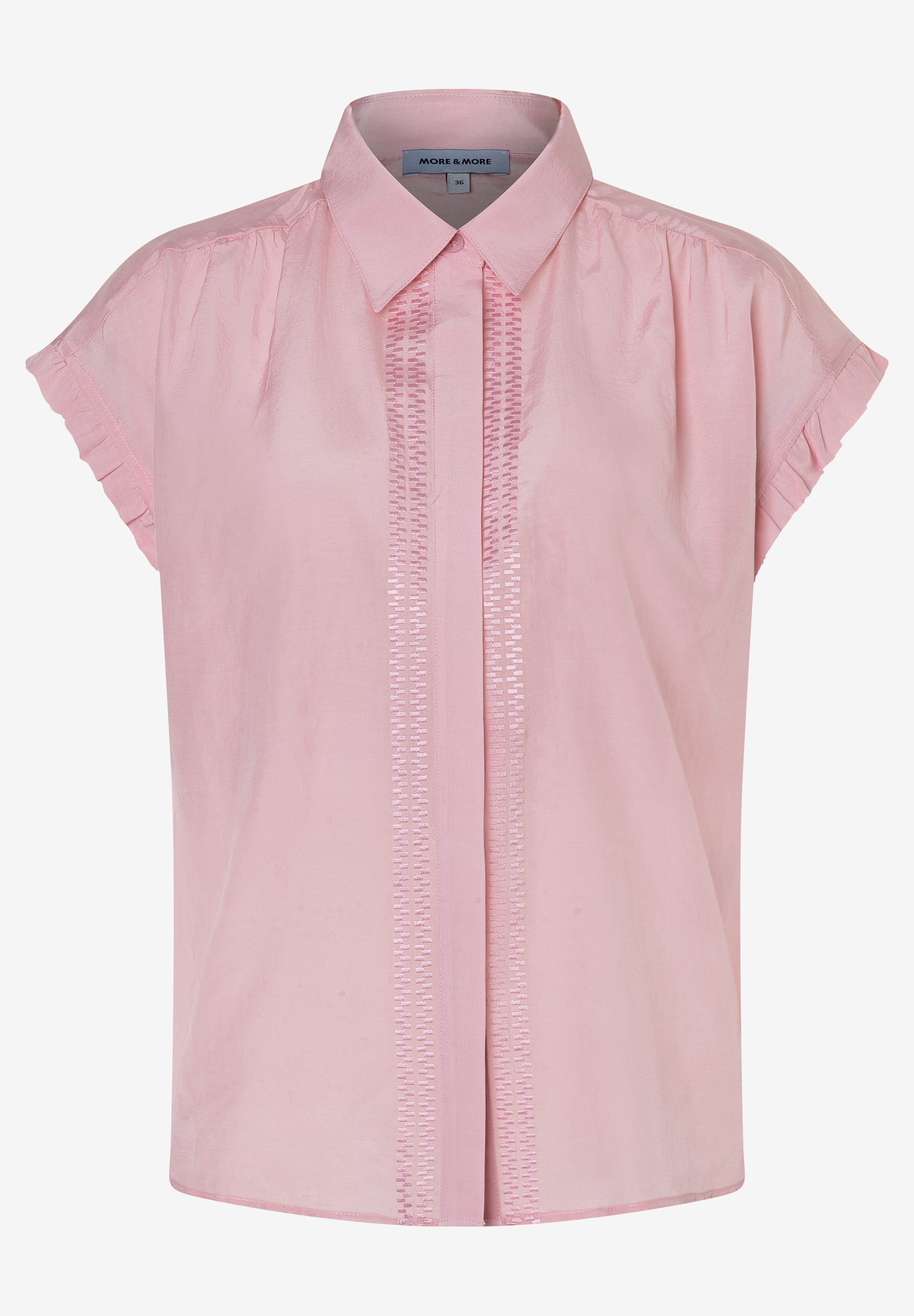 Eine rosa MORE & MORE Bluse mit Webware-Material und kurzen Ärmeln. Eine rosa MORE & MORE Bluse mit Webware-Material und kurzen Ärmeln.