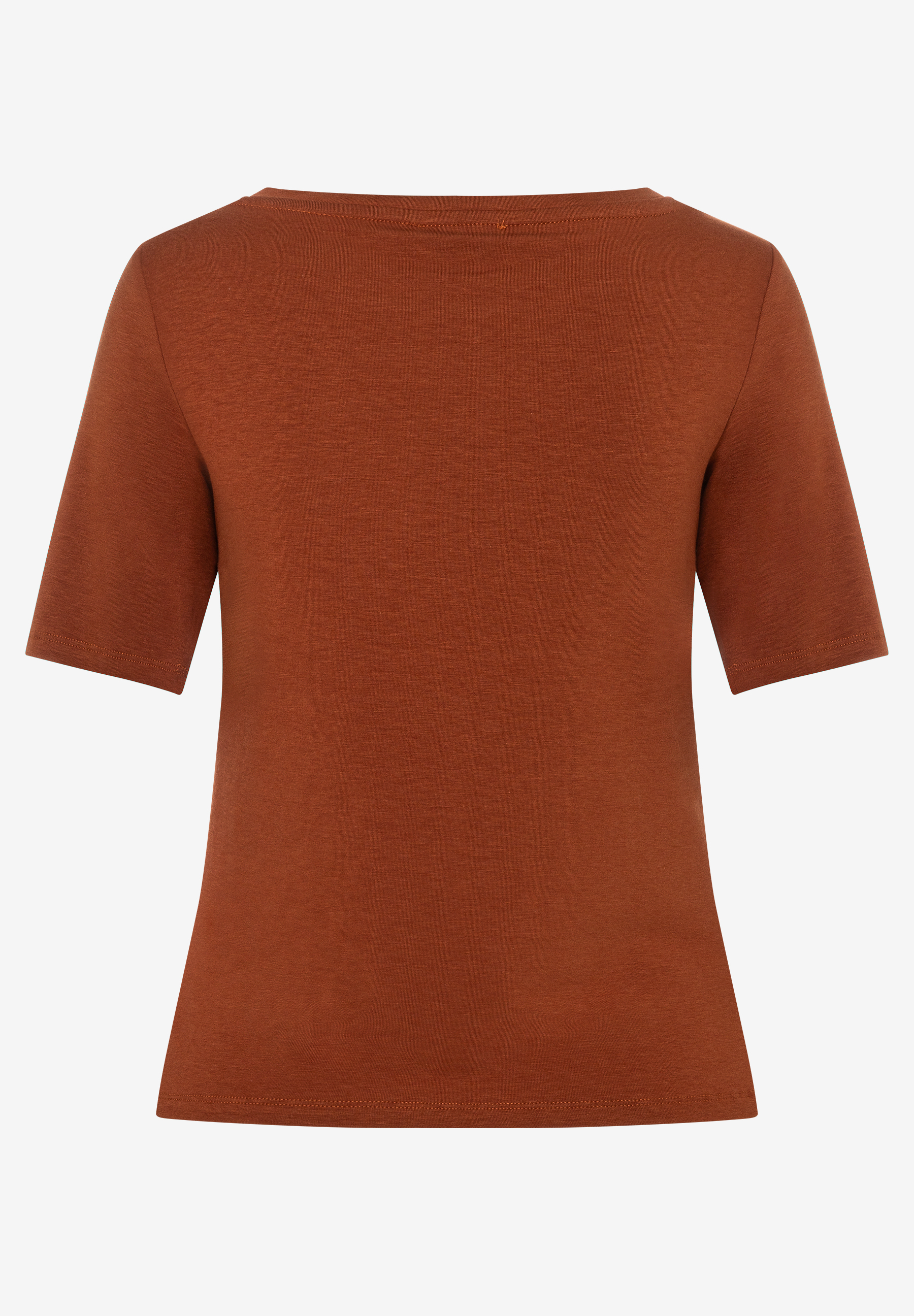 MORE & MORE T-Shirt/Top in Terracotta mit Rundhalsausschnitt und kurzen Ärmeln, Rückansicht. MORE & MORE T-Shirt/Top in Terracotta mit Rundhalsausschnitt und kurzen Ärmeln, Rückansicht.