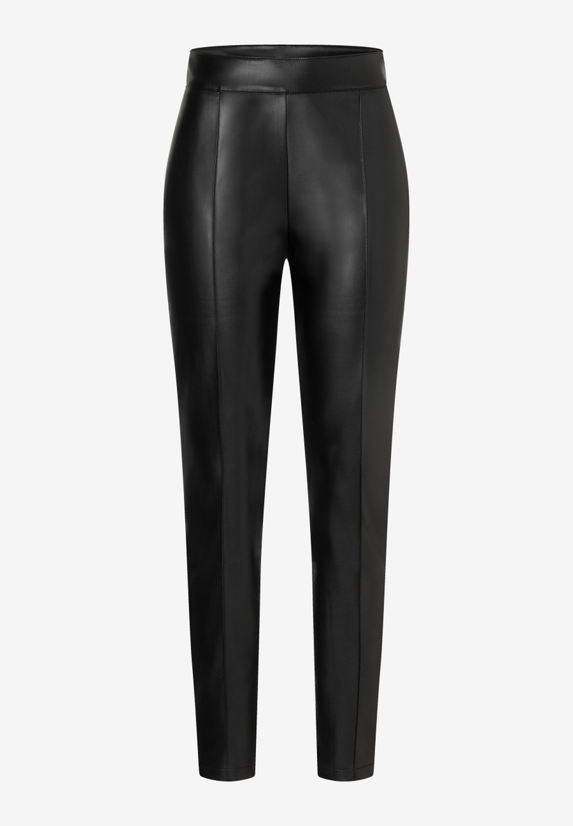 MORE & MORE schwarze Kunstleder-Jeans für Damen, mit Falten und hoher Taille