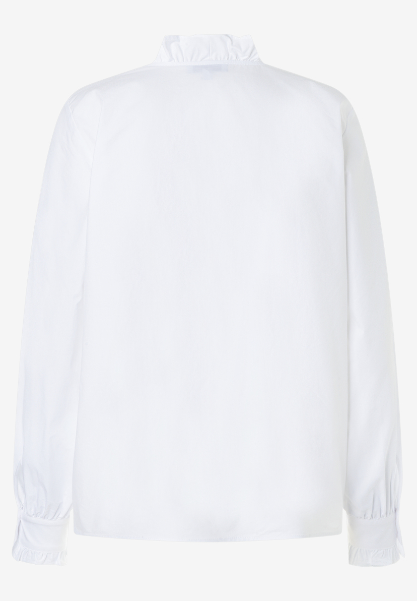 MORE & MORE weiße Rüschenbluse, hinten gesehen. Stehkragen mit kleinen Rüschen. Lange Ärmel mit Rüschenmanschetten. MORE & MORE weiße Rüschenbluse, hinten gesehen. Stehkragen mit kleinen Rüschen. Lange Ärmel mit Rüschenmanschetten.