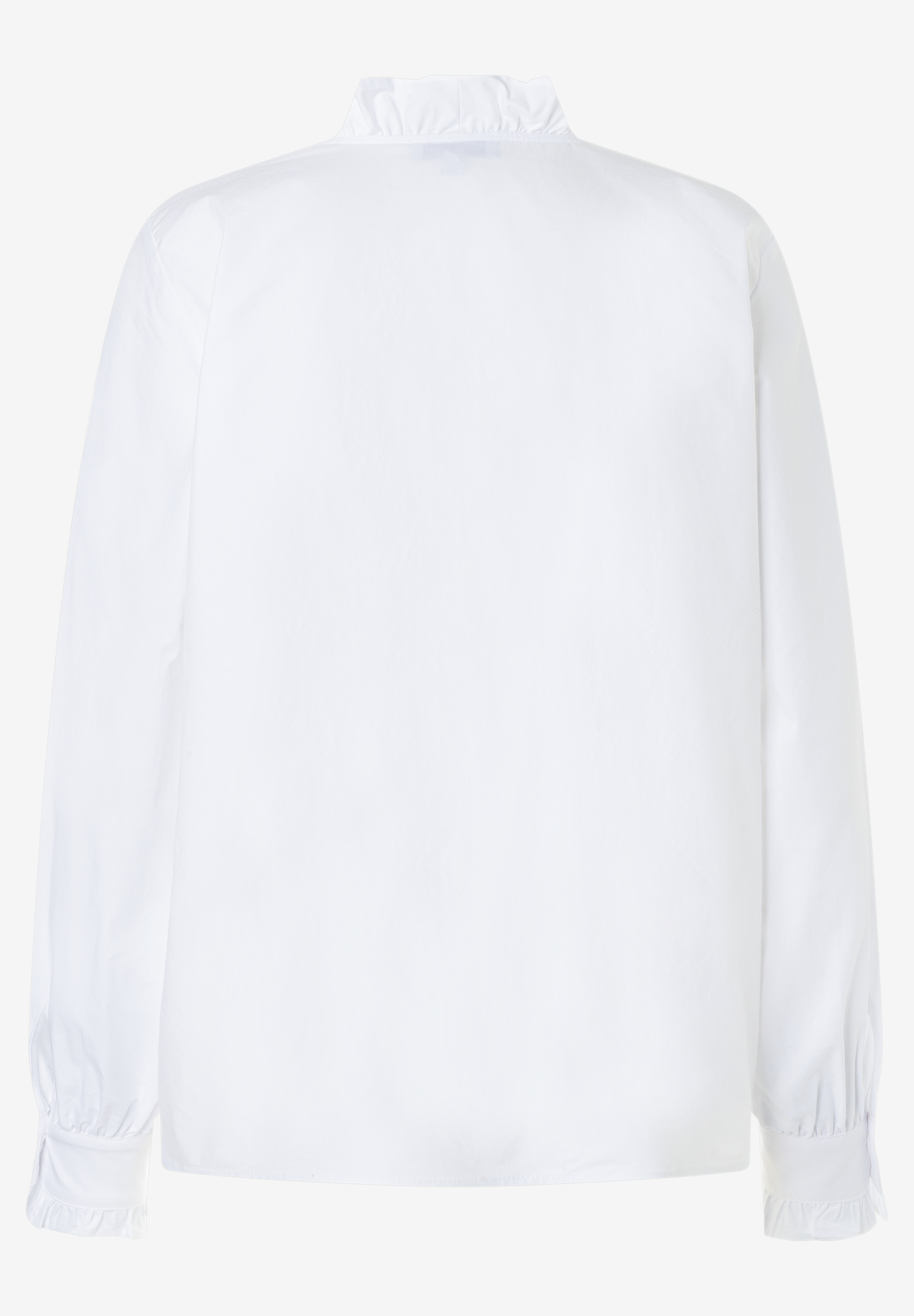 MORE & MORE weiße Rüschenbluse, hinten gesehen. Stehkragen mit kleinen Rüschen. Lange Ärmel mit Rüschenmanschetten. MORE & MORE weiße Rüschenbluse, hinten gesehen. Stehkragen mit kleinen Rüschen. Lange Ärmel mit Rüschenmanschetten.