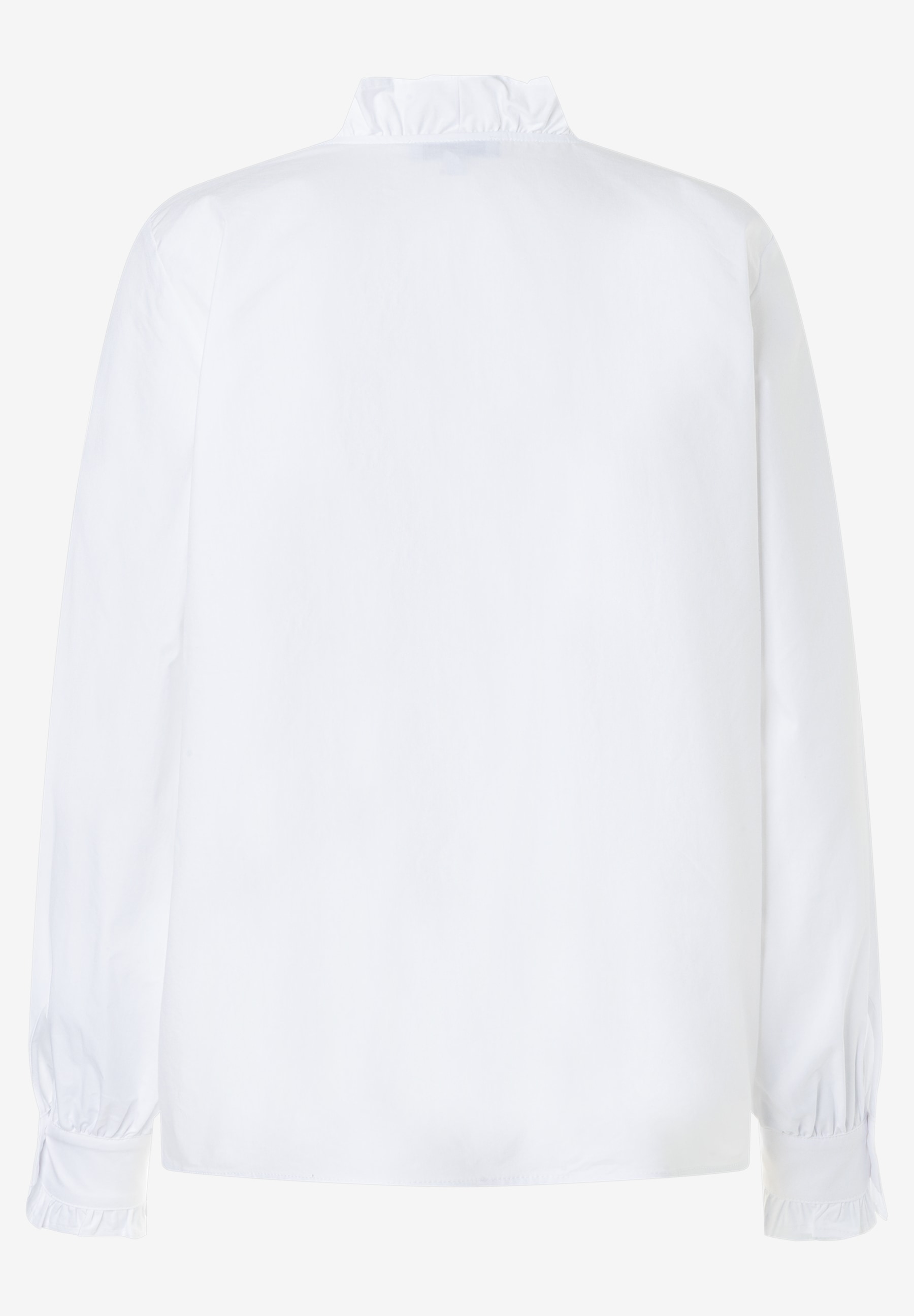 MORE & MORE weiße Rüschenbluse, hinten gesehen. Stehkragen mit kleinen Rüschen. Lange Ärmel mit Rüschenmanschetten. MORE & MORE weiße Rüschenbluse, hinten gesehen. Stehkragen mit kleinen Rüschen. Lange Ärmel mit Rüschenmanschetten.