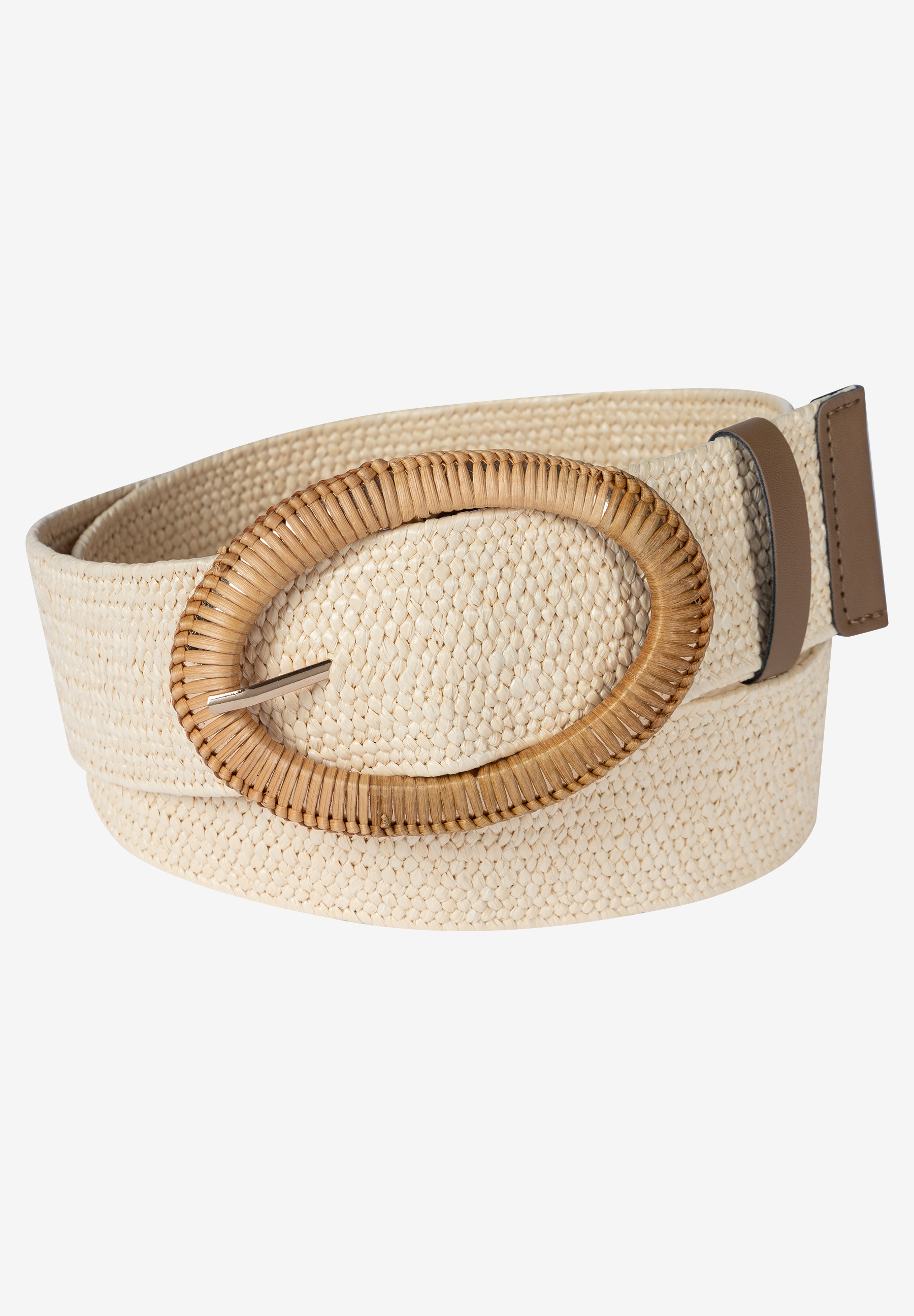 Ein gewebter MORE & MORE Gürtel mit großer, ovaler Schnalle aus Rattan liegt auf weißem Grund.