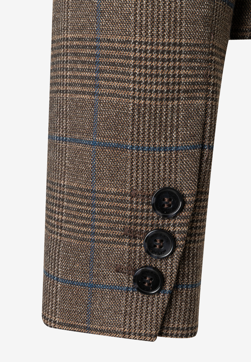 MORE & MORE Blazer: Ärmel aus braunem Tweed mit Hahnentrittmuster und blauen Akzenten, 3 schwarzen Knöpfen.