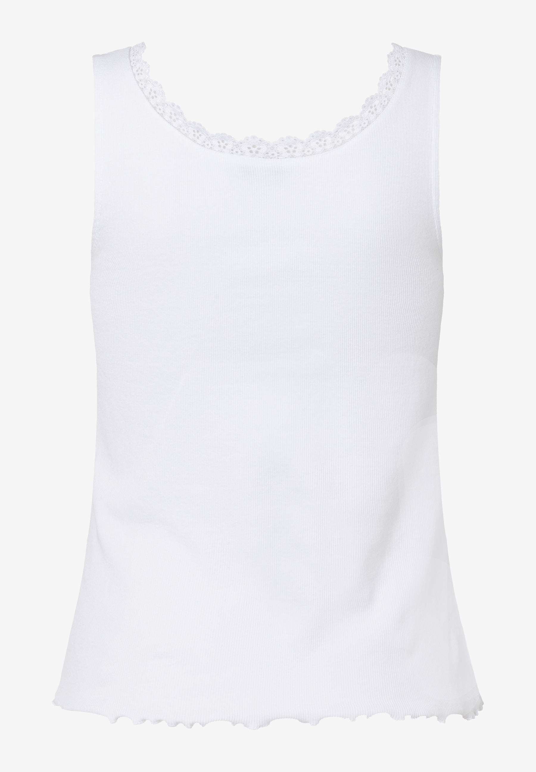 Ein ärmelloses, weißes MORE & MORE Top mit Spitzendetails am Halsausschnitt und einem leicht gewellten Saum. Ein ärmelloses, weißes MORE & MORE Top mit Spitzendetails am Halsausschnitt und einem leicht gewellten Saum.