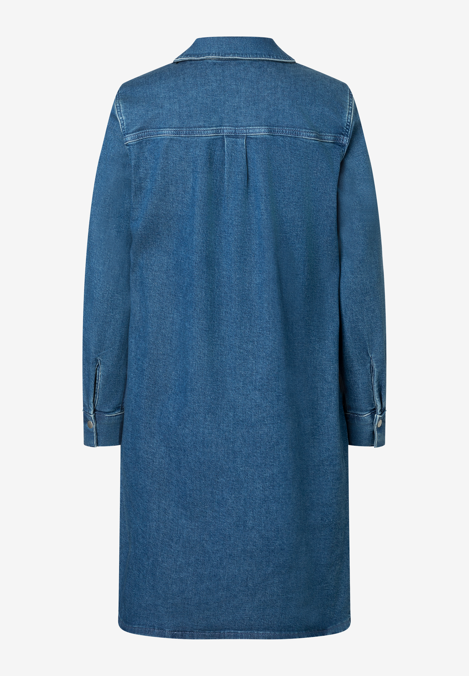 Ein blaues MORE & MORE Oberteil aus Denim, rückseitig mit langen Ärmeln und Kragen. Ein blaues MORE & MORE Oberteil aus Denim, rückseitig mit langen Ärmeln und Kragen.