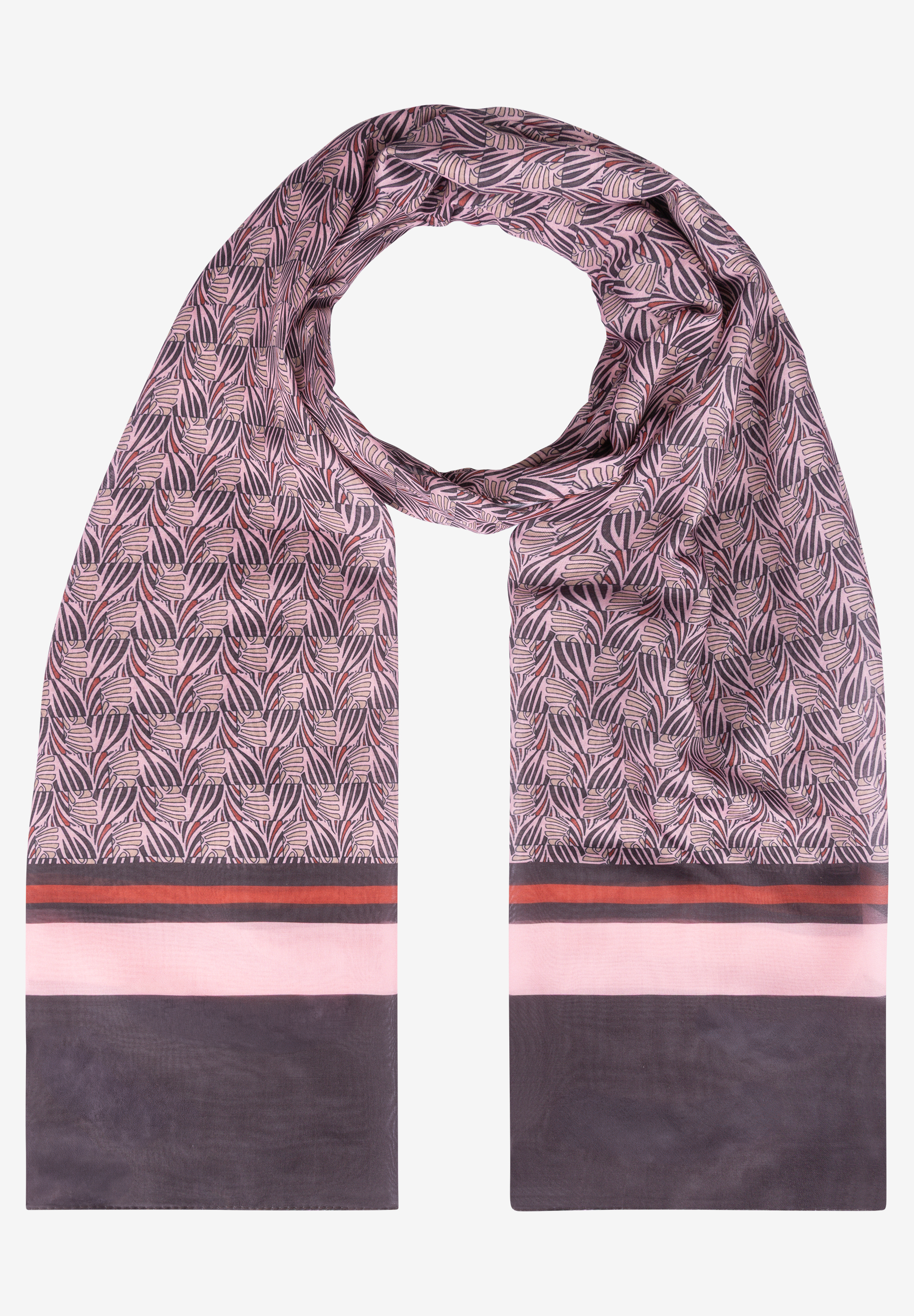 MORE & MORE Accessoire: Rosa Schal mit dunklem Pflanzenmuster und pinkem und bordeauxfarbenem Streifendetail.