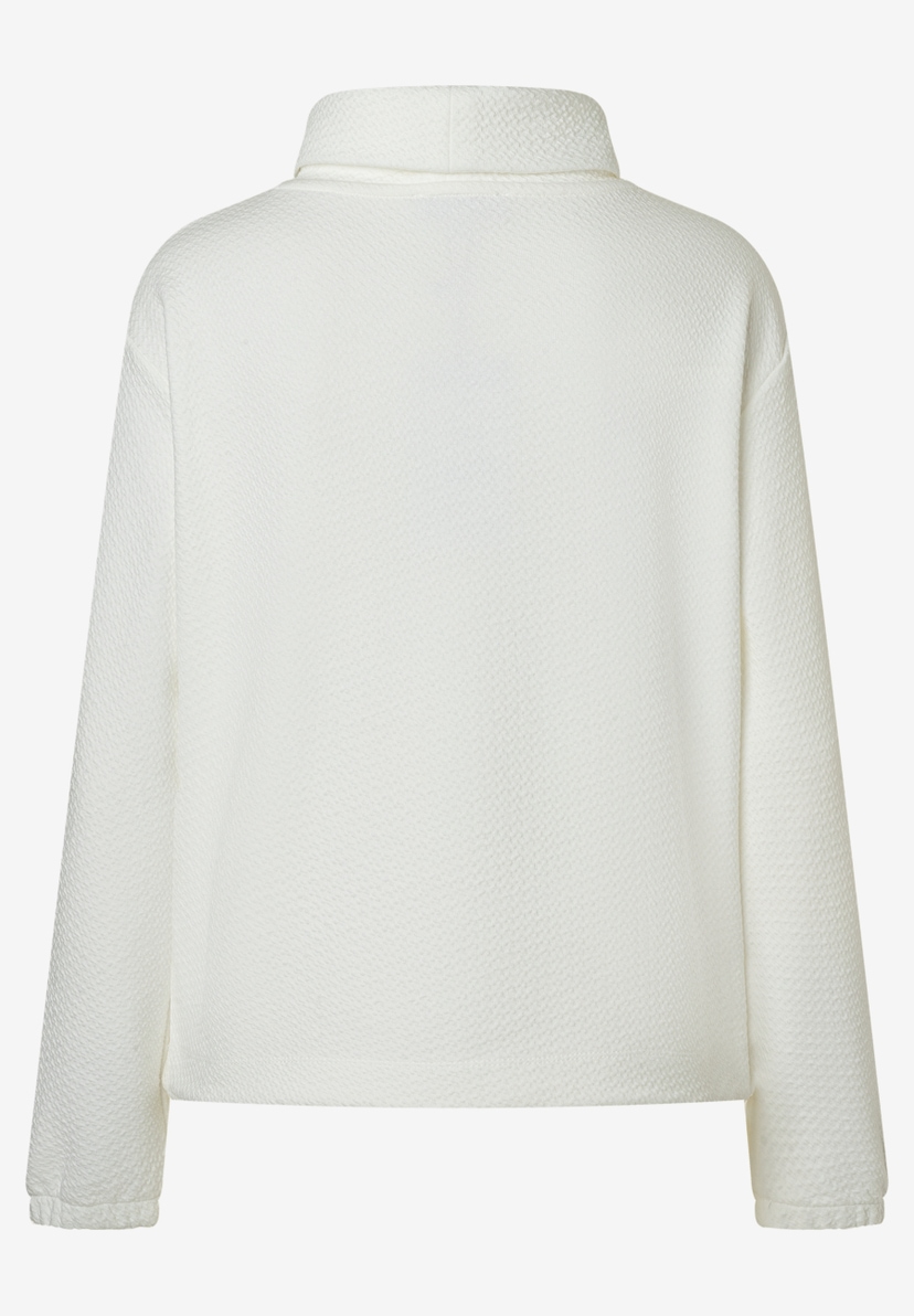 MORE & MORE Damen-Sweatshirt in Weiß mit Kragen, strukturiertem Obermaterial und Bündchen an Ärmeln und Saum, Rückansicht. MORE & MORE Damen-Sweatshirt in Weiß mit Kragen, strukturiertem Obermaterial und Bündchen an Ärmeln und Saum, Rückansicht.