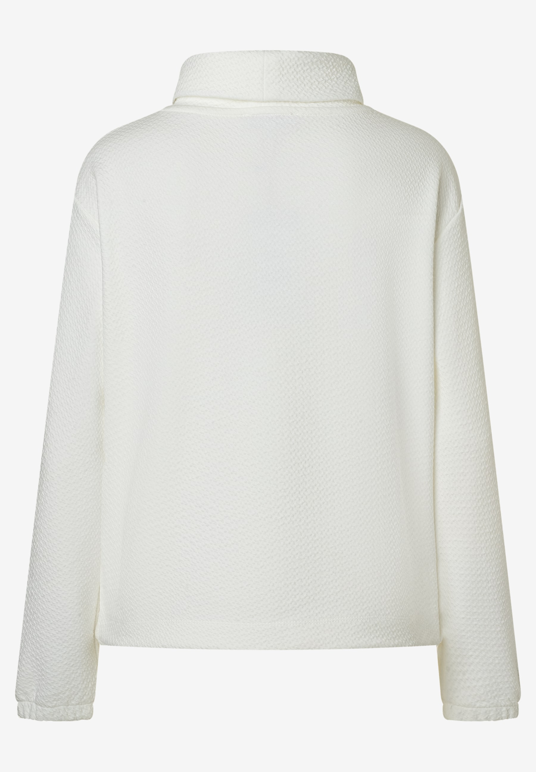 MORE & MORE Damen-Sweatshirt in Weiß mit Kragen, strukturiertem Obermaterial und Bündchen an Ärmeln und Saum, Rückansicht. MORE & MORE Damen-Sweatshirt in Weiß mit Kragen, strukturiertem Obermaterial und Bündchen an Ärmeln und Saum, Rückansicht.