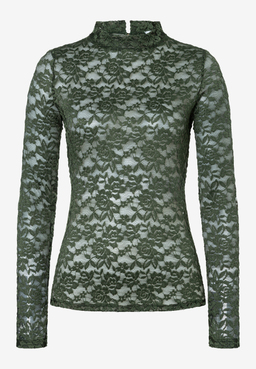 MORE & MORE T-Shirt/Top aus dunkelgrüner Spitze mit Blumenmuster, langen Ärmeln und Stehkragen