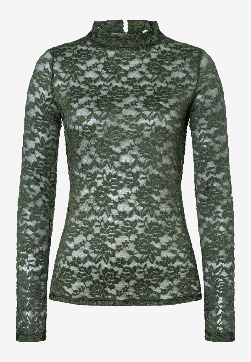 MORE & MORE T-Shirt/Top aus dunkelgrüner Spitze mit Blumenmuster, langen Ärmeln und Stehkragen