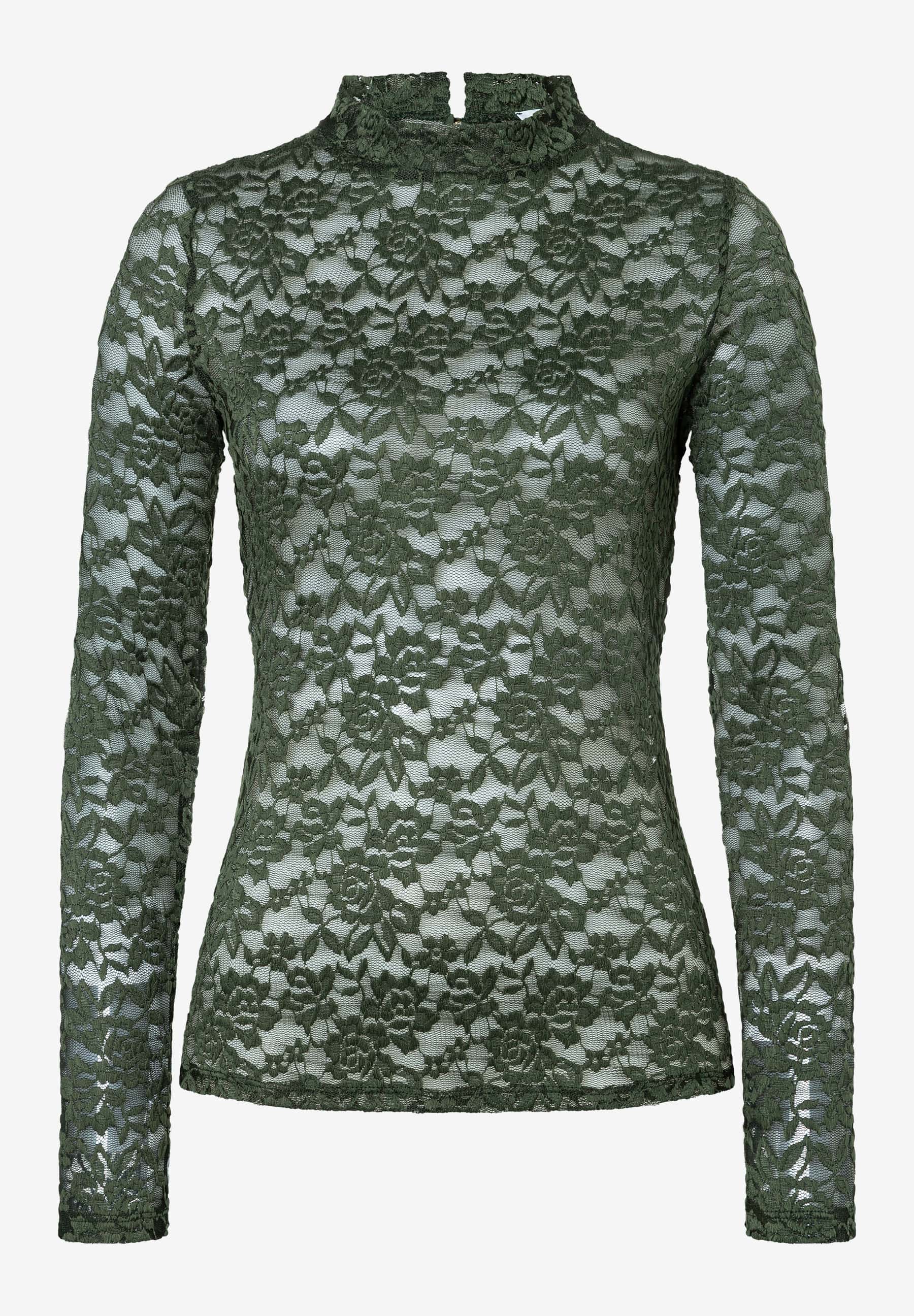 MORE & MORE T-Shirt/Top aus dunkelgrüner Spitze mit Blumenmuster, langen Ärmeln und Stehkragen MORE & MORE T-Shirt/Top aus dunkelgrüner Spitze mit Blumenmuster, langen Ärmeln und Stehkragen