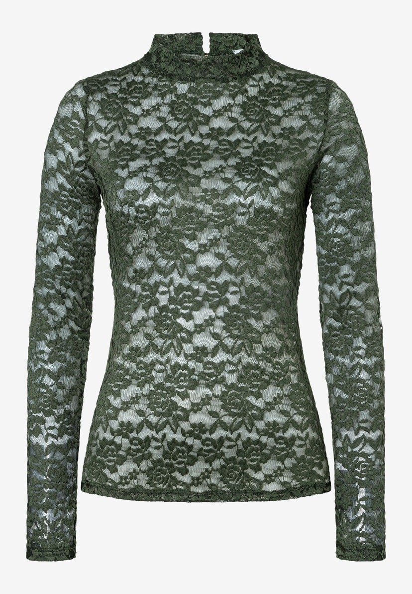 MORE & MORE T-Shirt/Top aus dunkelgrüner Spitze mit Blumenmuster, langen Ärmeln und Stehkragen MORE & MORE T-Shirt/Top aus dunkelgrüner Spitze mit Blumenmuster, langen Ärmeln und Stehkragen