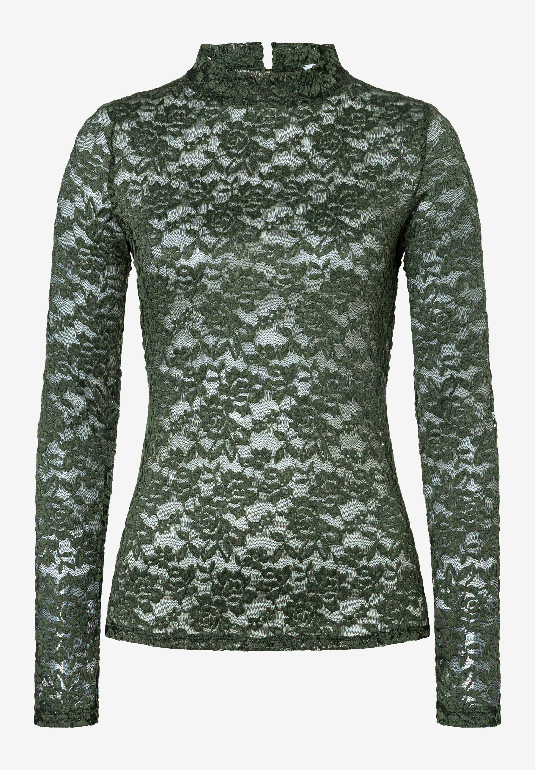 MORE & MORE T-Shirt/Top aus dunkelgrüner Spitze mit Blumenmuster, langen Ärmeln und Stehkragen MORE & MORE T-Shirt/Top aus dunkelgrüner Spitze mit Blumenmuster, langen Ärmeln und Stehkragen
