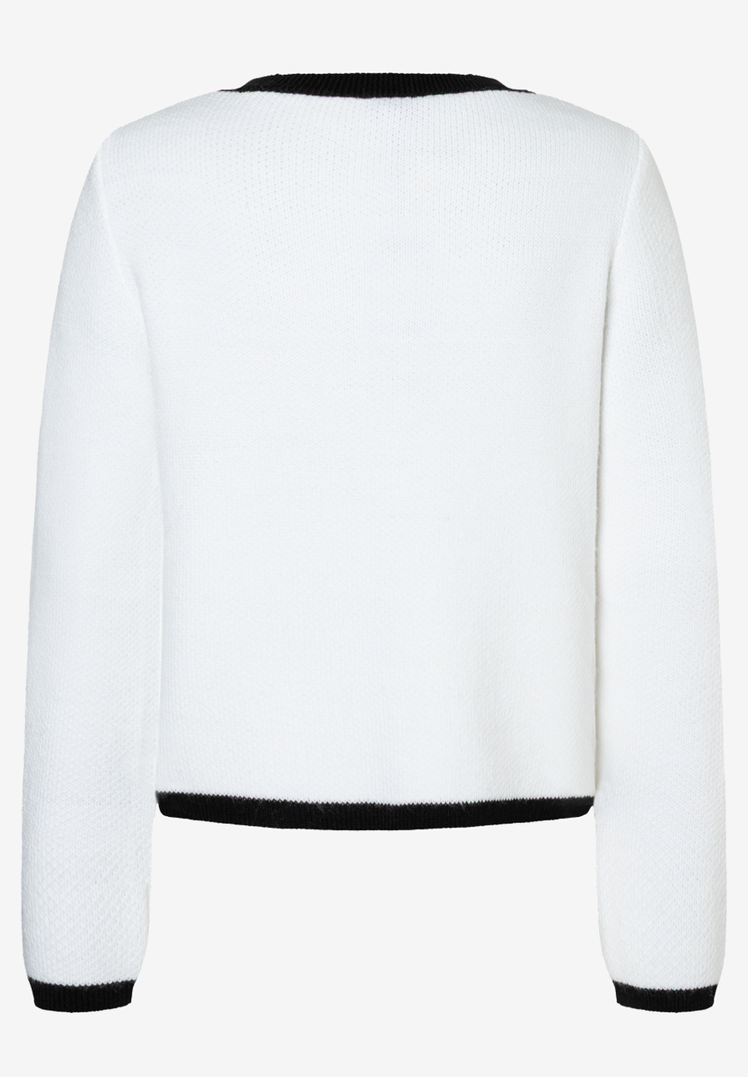 Ein weißer MORE & MORE Pullover mit schwarzen Akzenten am Halsausschnitt und den Ärmelenden. Ein weißer MORE & MORE Pullover mit schwarzen Akzenten am Halsausschnitt und den Ärmelenden.