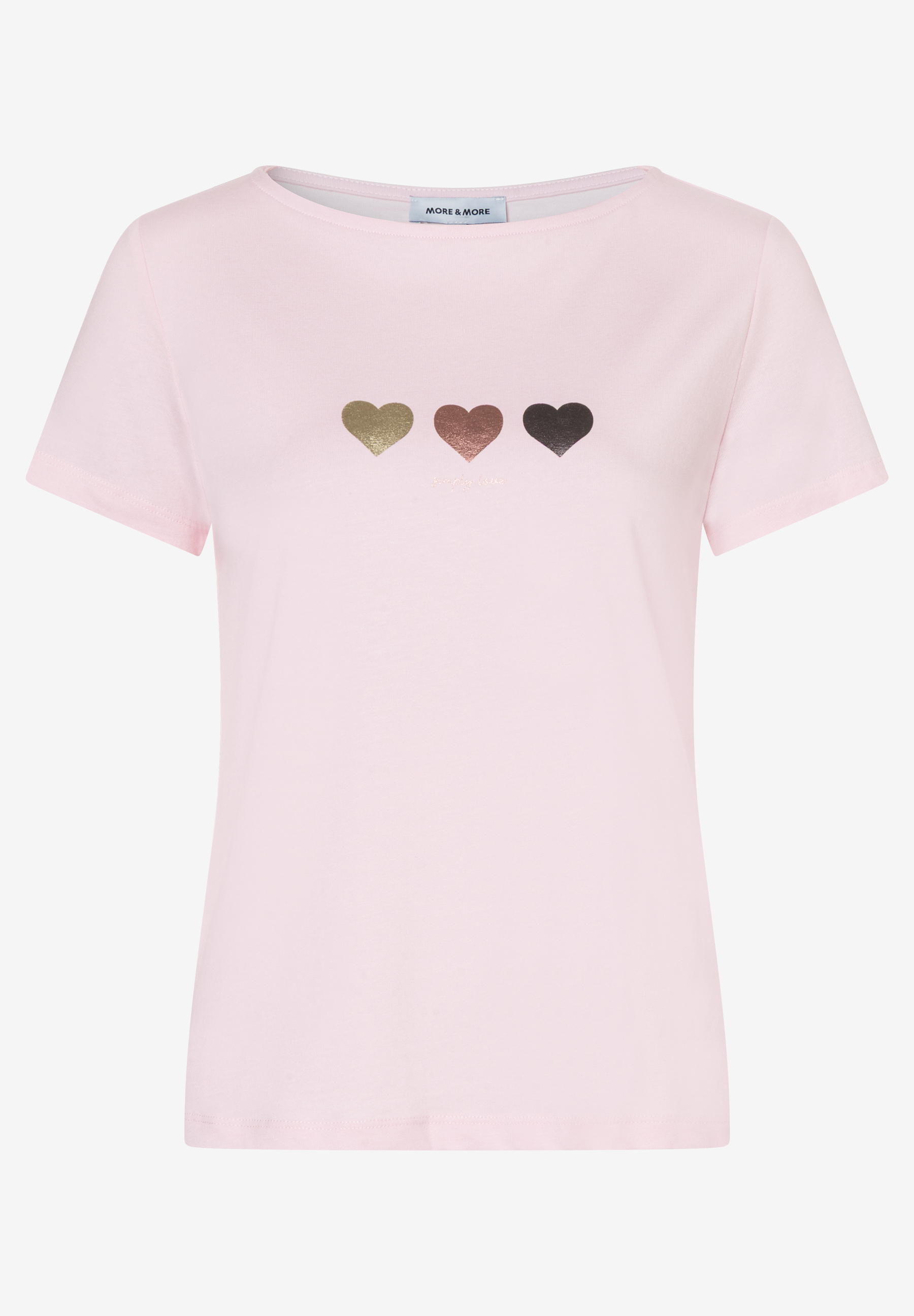 Ein hellrosa MORE & MORE T-Shirt mit drei Herzen in Gold, Bronze und Schwarz auf der Brust. Ein hellrosa MORE & MORE T-Shirt mit drei Herzen in Gold, Bronze und Schwarz auf der Brust.