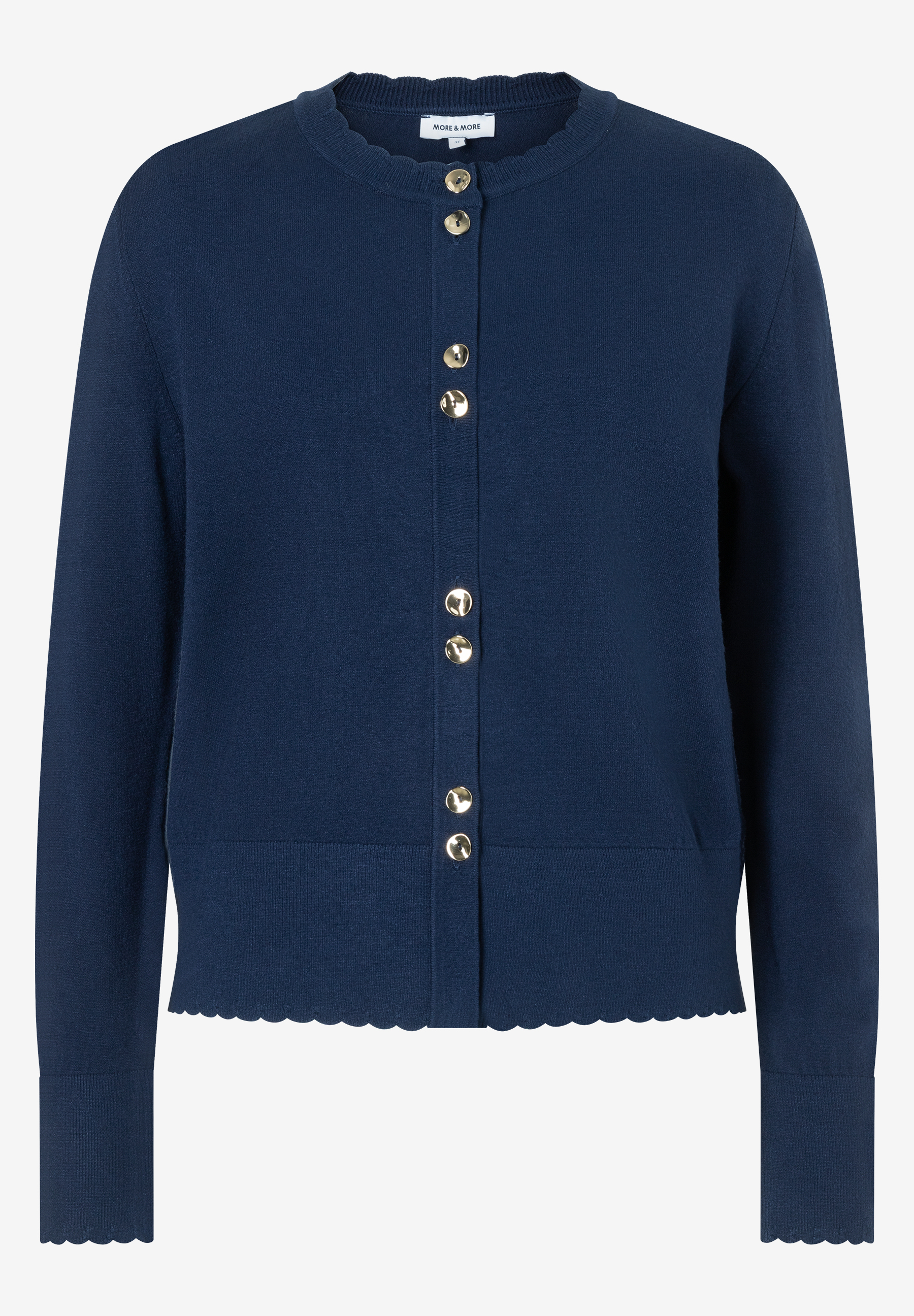 MORE & MORE Pullover: Dunkelblaue Strickjacke mit Wellensaum und goldfarbenen Knöpfen. Klassischer Schnitt, elegant.