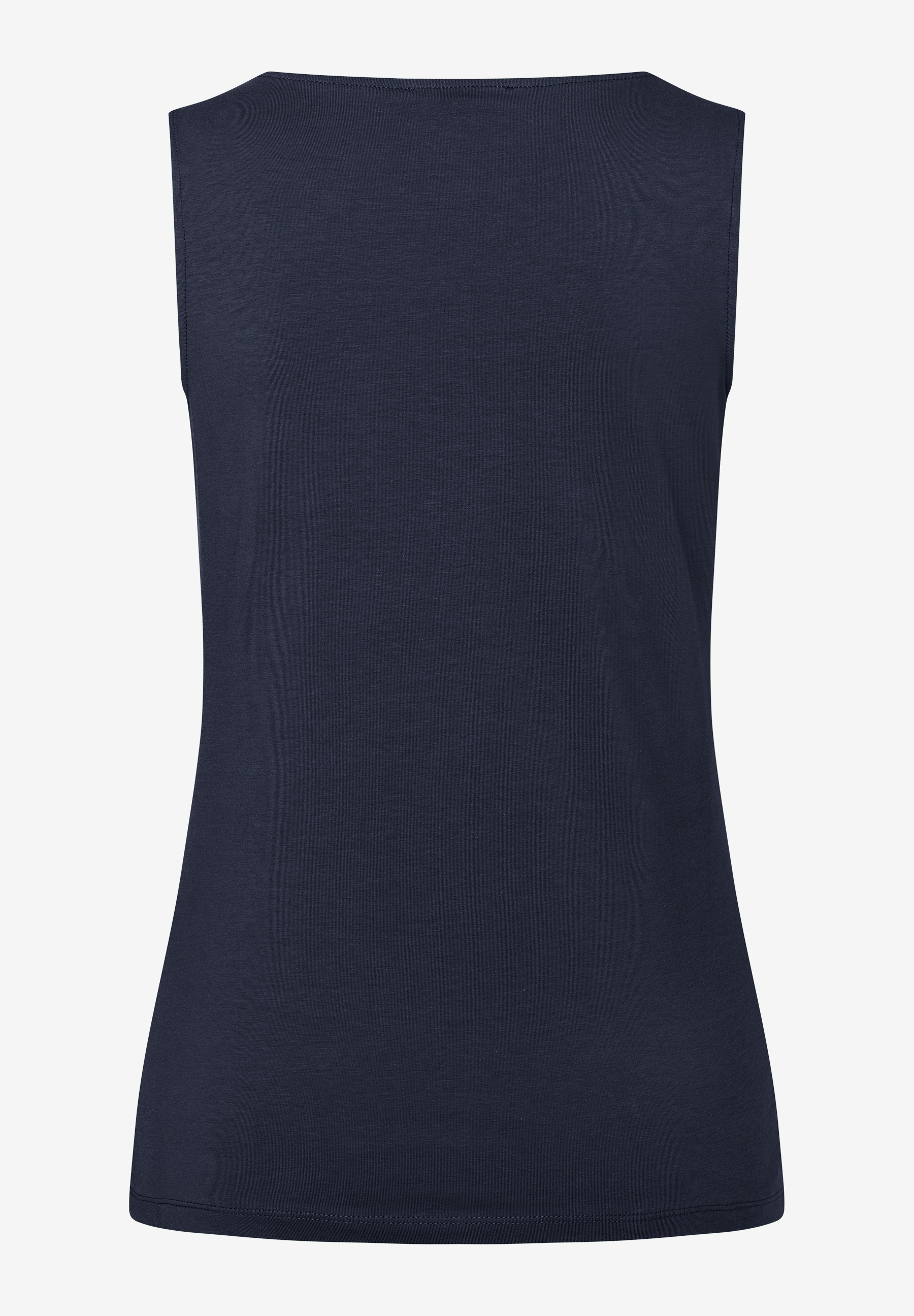 Ein marineblaues MORE & MORE Jersey-Top von hinten, mit einer schmeichelhaften Silhouette und einem Bootausschnitt. Ein marineblaues MORE & MORE Jersey-Top von hinten, mit einer schmeichelhaften Silhouette und einem Bootausschnitt.