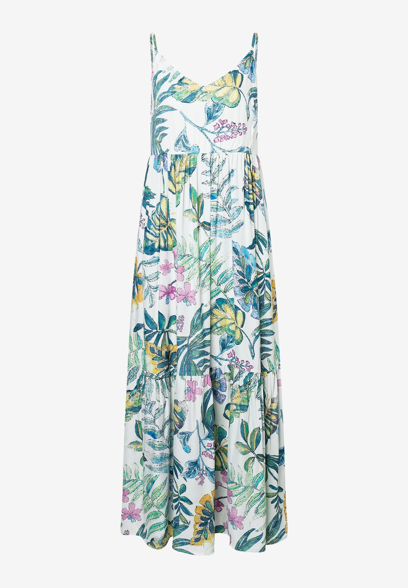 Ein langes, weißes Sommerkleid von MORE & MORE mit Blätter- und Blumenmuster. Ein langes, weißes Sommerkleid von MORE & MORE mit Blätter- und Blumenmuster.