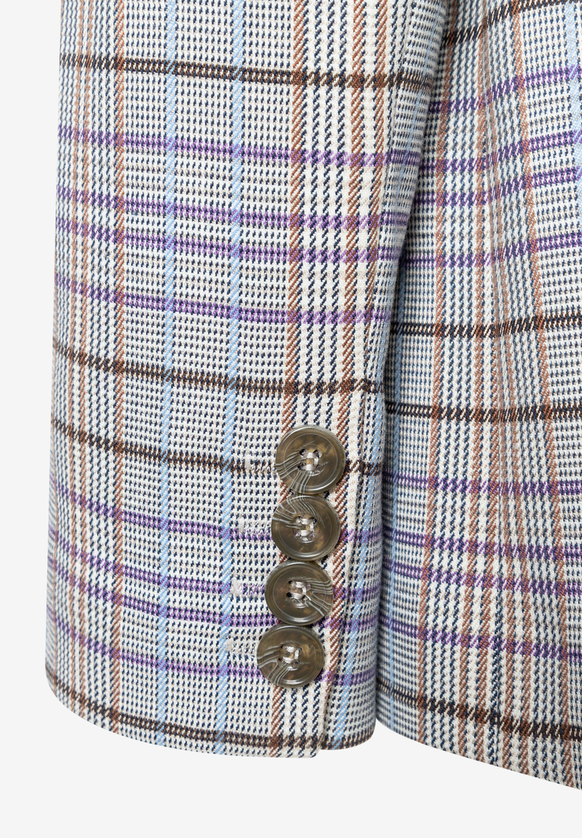 MORE & MORE Blazer mit Hahnentrittmuster: Lila, braun, blau. Vier durchsichtige, runde Knöpfe am Ärmel. MORE & MORE Blazer mit Hahnentrittmuster: Lila, braun, blau. Vier durchsichtige, runde Knöpfe am Ärmel.