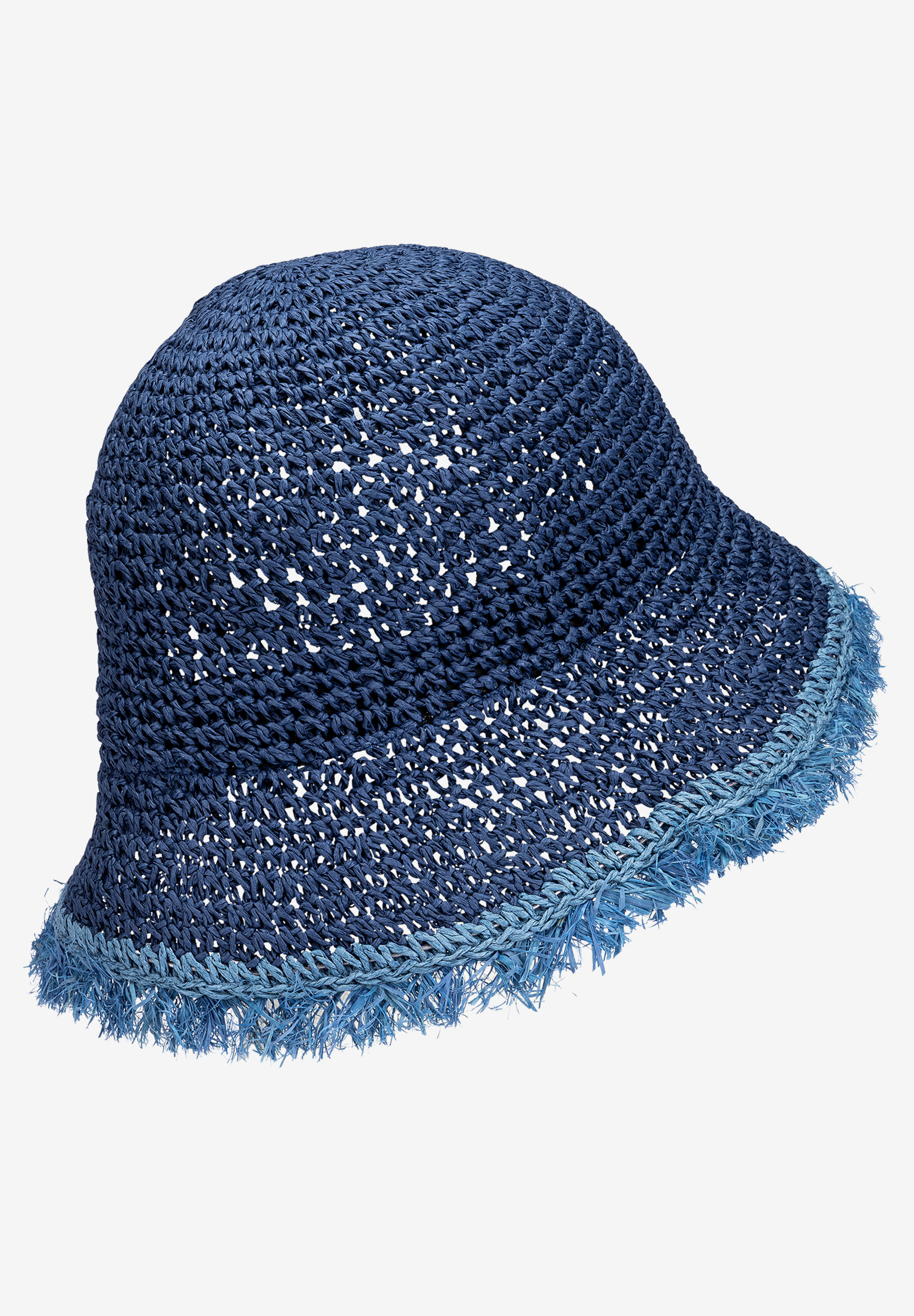 Ein blau gehäkelter MORE & MORE Hut mit einer hellblauen Fransenbordüre. Ein blau gehäkelter MORE & MORE Hut mit einer hellblauen Fransenbordüre.