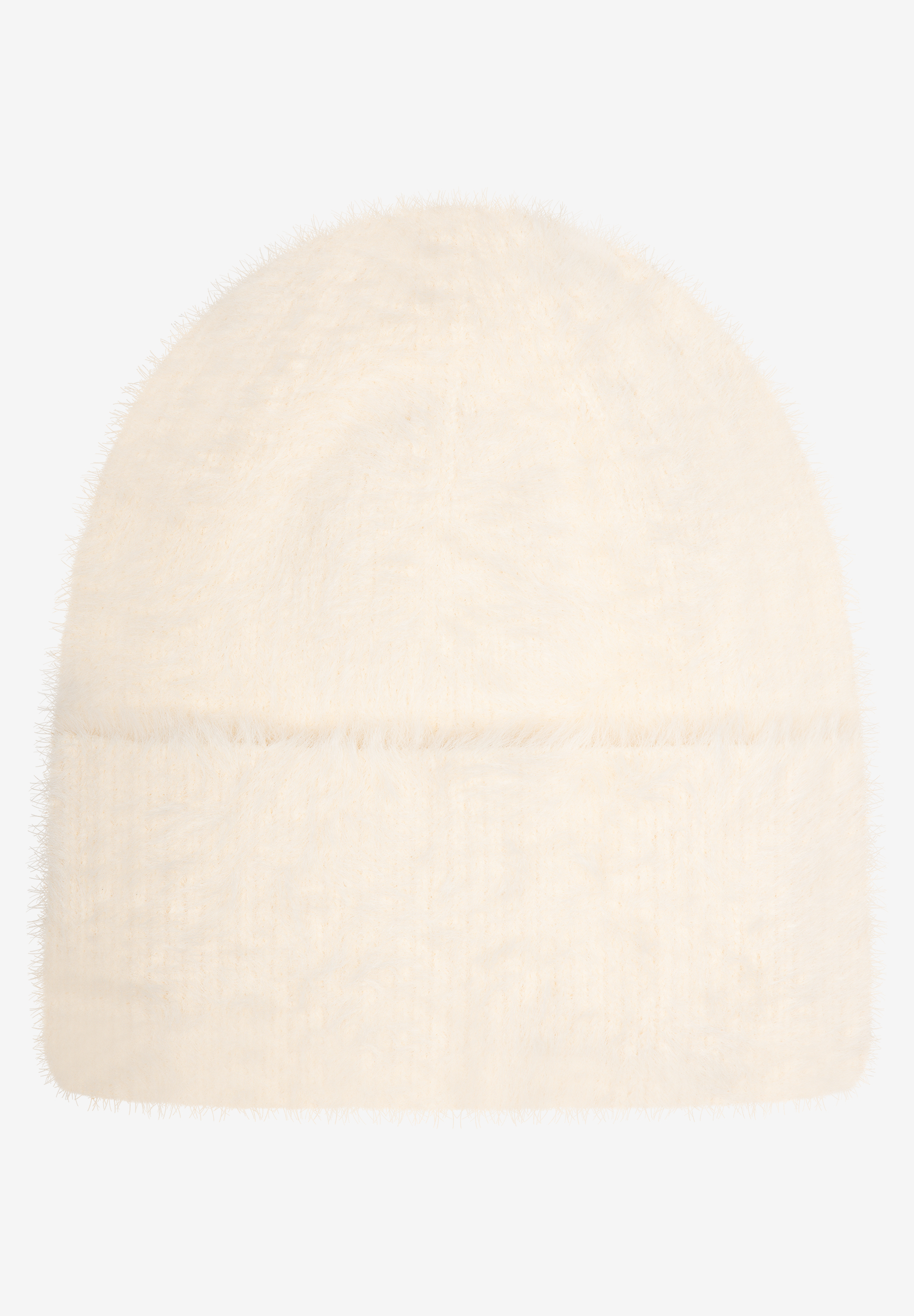 MORE & MORE Accessoires: Eine kuschelige cremefarbene Strickmütze aus flauschigem Garn auf hellem Hintergrund.