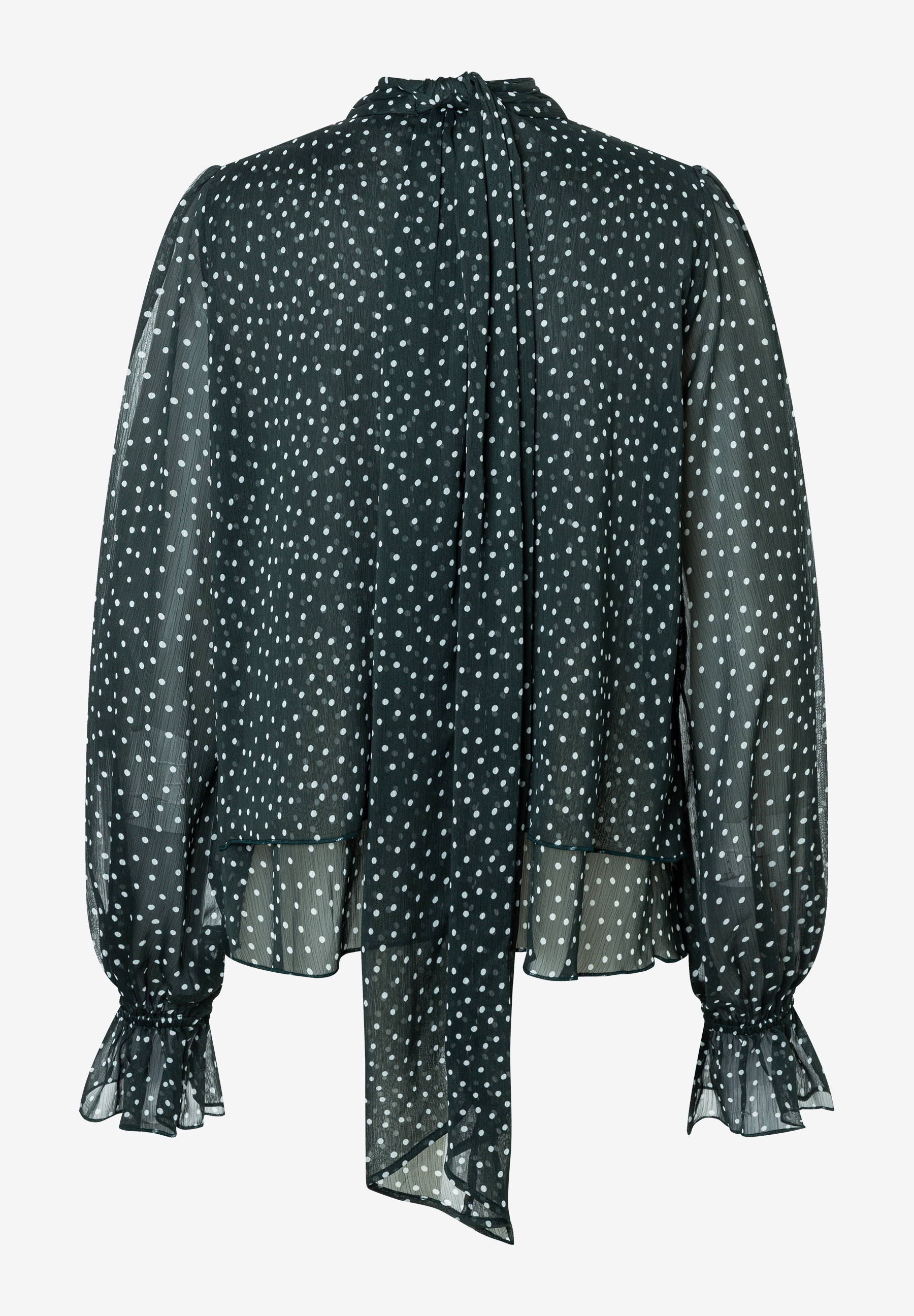 MORE & MORE Bluse: Eine dunkelgrüne MORE & MORE Bluse mit weißen Polka Dots, langen Ärmeln und einem Bindekragen. MORE & MORE Bluse: Eine dunkelgrüne MORE & MORE Bluse mit weißen Polka Dots, langen Ärmeln und einem Bindekragen.
