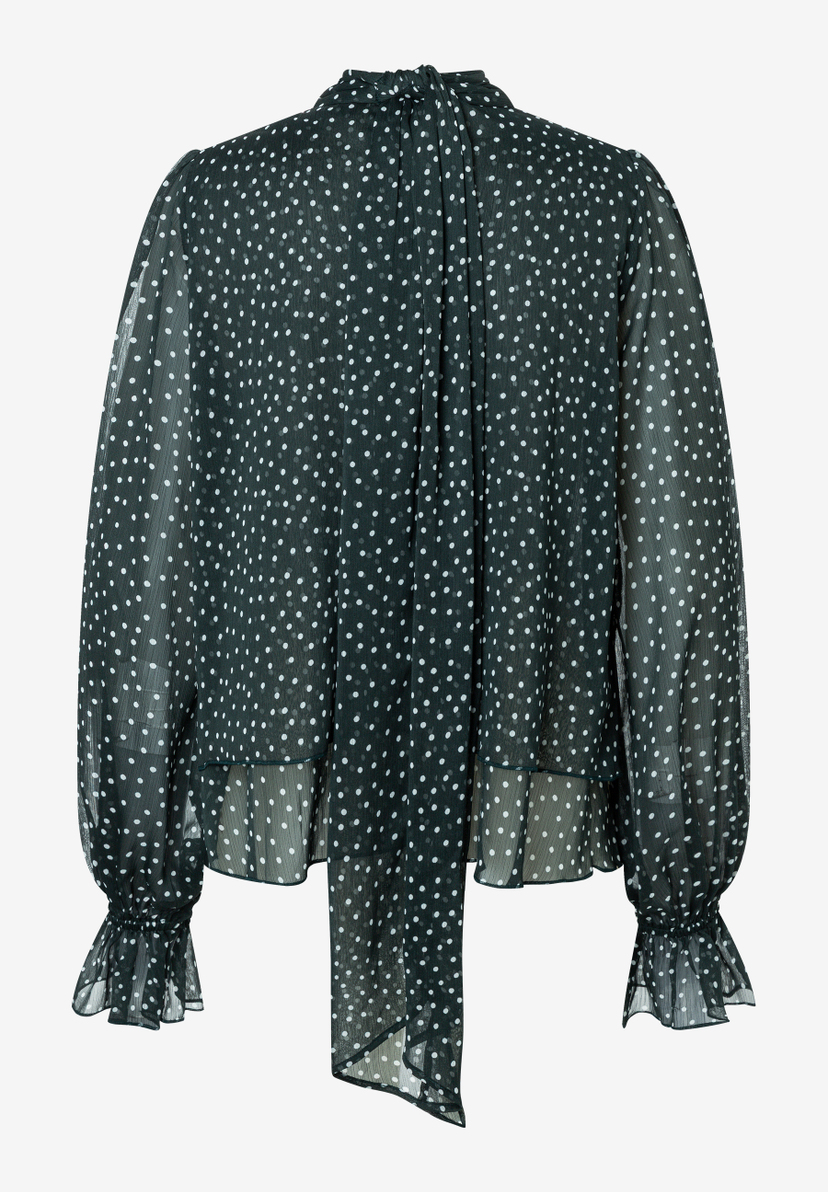 MORE & MORE Bluse: Eine dunkelgrüne MORE & MORE Bluse mit weißen Polka Dots, langen Ärmeln und einem Bindekragen. MORE & MORE Bluse: Eine dunkelgrüne MORE & MORE Bluse mit weißen Polka Dots, langen Ärmeln und einem Bindekragen.