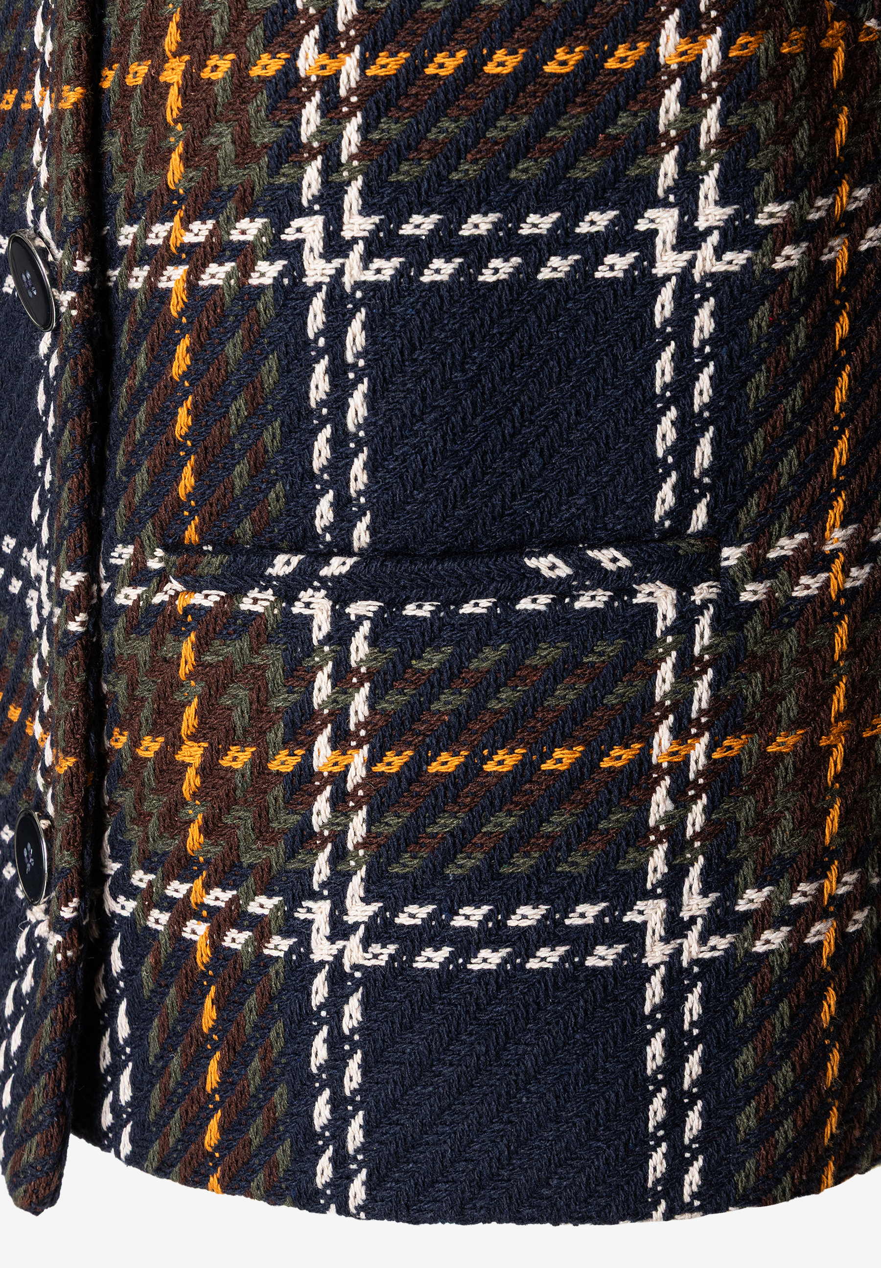Detailansicht eines Blazers von MORE & MORE mit auffälligem Karomuster in Dunkelblau, Braun-, Grün- und Gelbtönen. Detailansicht eines Blazers von MORE & MORE mit auffälligem Karomuster in Dunkelblau, Braun-, Grün- und Gelbtönen.