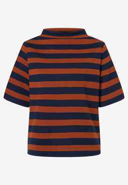 MORE & MORE Sweatshirt: Kurzärmeliges, gestreiftes Sweatshirt in Dunkelblau und Rostbraun mit Stehkragen.