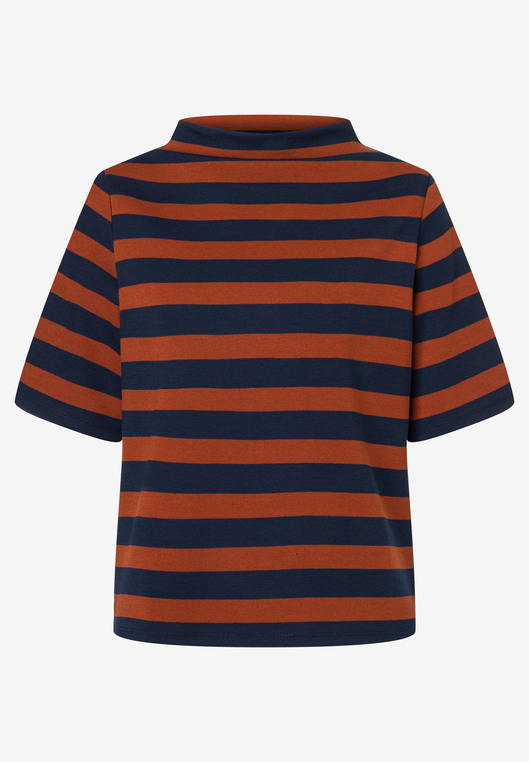 MORE & MORE Jersey-Oberteil: Kurzarmshirt mit blau-braunem Blockstreifenmuster und Stehkragen MORE & MORE Jersey-Oberteil: Kurzarmshirt mit blau-braunem Blockstreifenmuster und Stehkragen