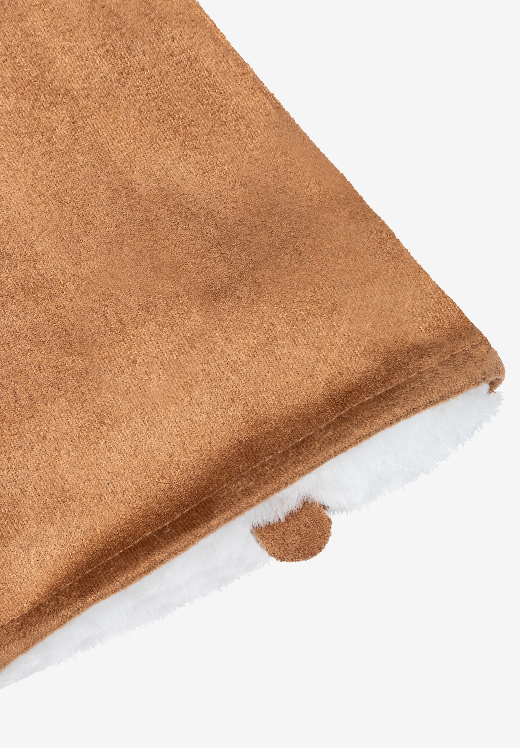 Nahaufnahme eines braunen MORE & MORE Accessoires mit flauschigem, weißem Futter. Detailaufnahme von Handschuhen oder ähnlichem Textilprodukt. Nahaufnahme eines braunen MORE & MORE Accessoires mit flauschigem, weißem Futter. Detailaufnahme von Handschuhen oder ähnlichem Textilprodukt.