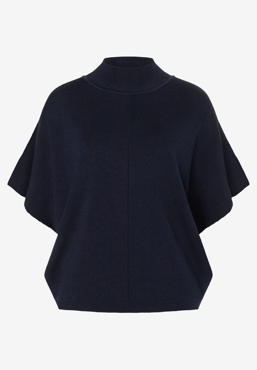 MORE & MORE Pullover in Marineblau, gerippt mit kurzen Ärmeln und Stehkragen MORE & MORE Pullover in Marineblau, gerippt mit kurzen Ärmeln und Stehkragen