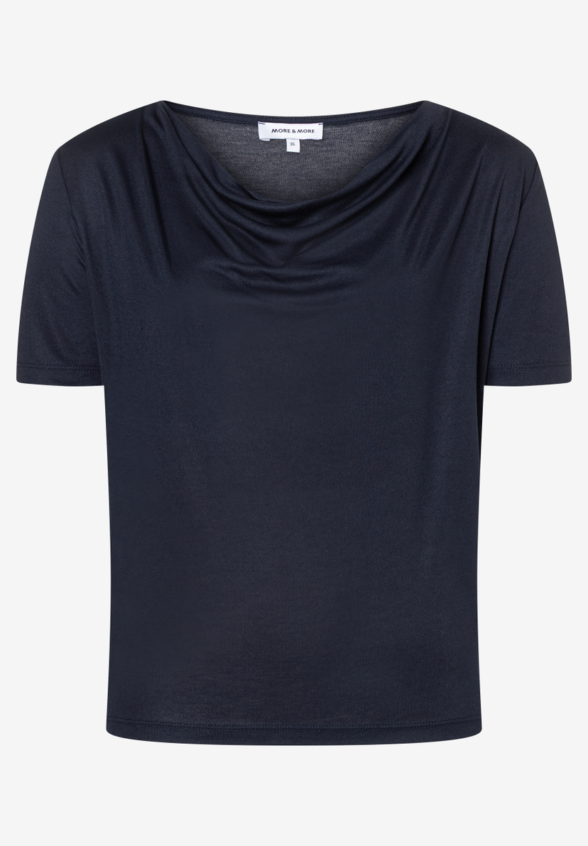 Ein dunkelblaues MORE & MORE Jersey-Top mit Wasserfallkragen und kurzen Ärmeln. Ein dunkelblaues MORE & MORE Jersey-Top mit Wasserfallkragen und kurzen Ärmeln.