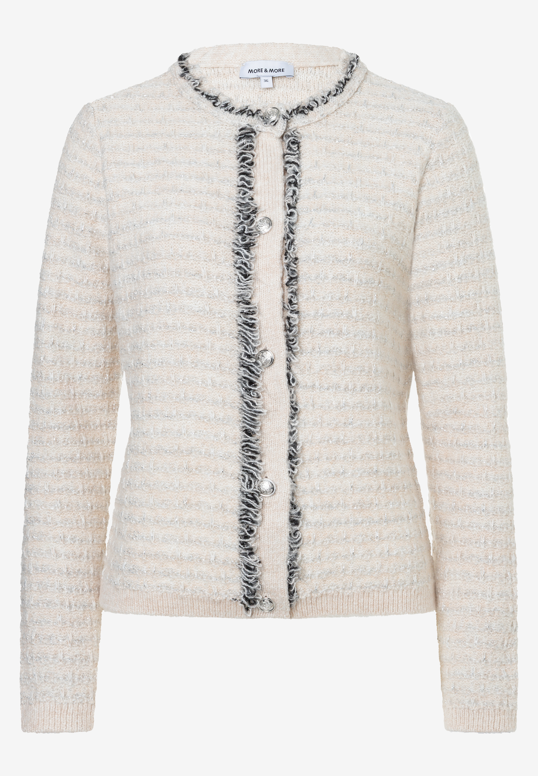 MORE & MORE Feinstrickjacke in Ecru-Mischung mit silbernen Fäden, Kragen und Knopfleiste mit Fransenbesatz.