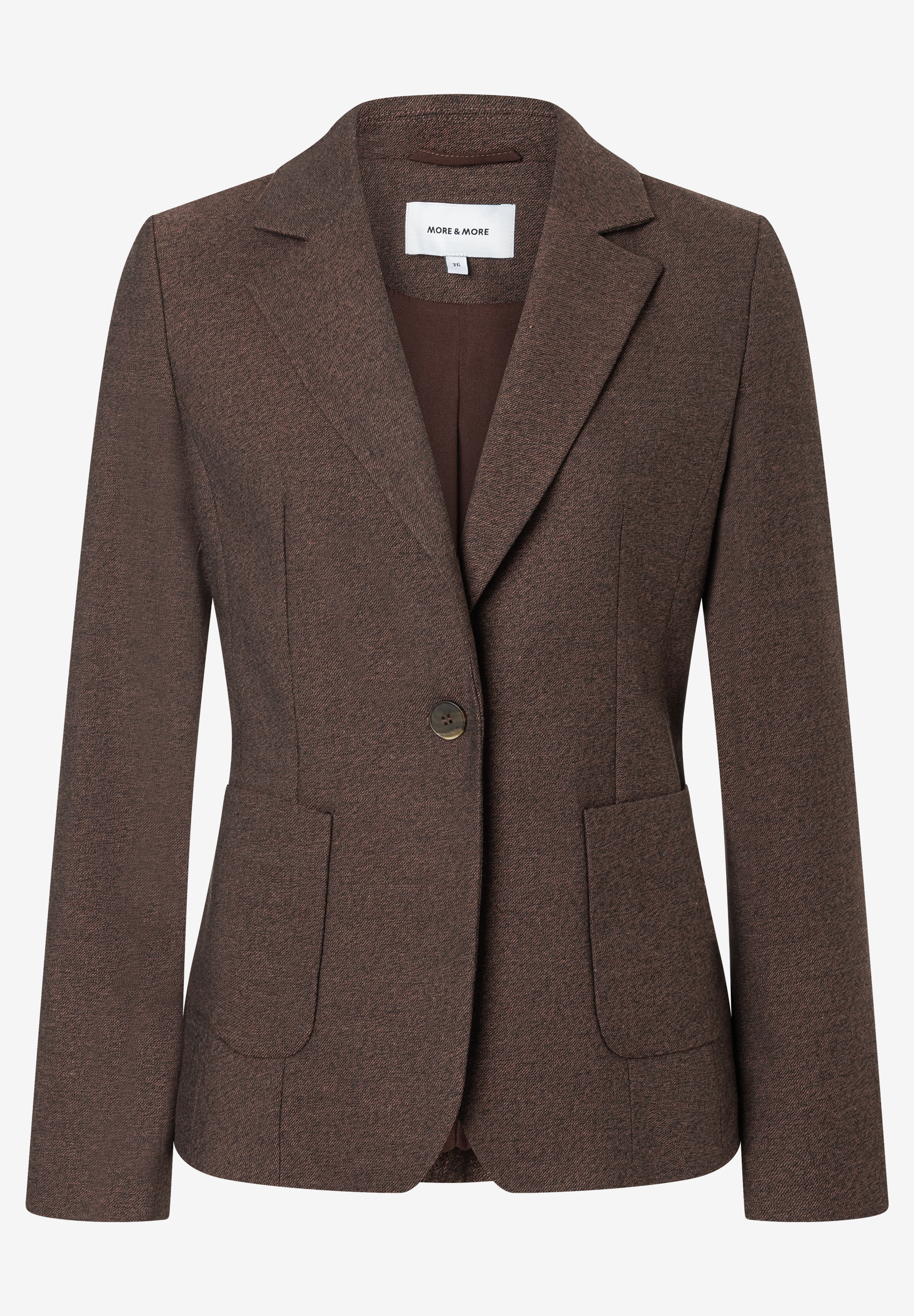 MORE & MORE Blazer in Dunkelbraun, tailliert, mit Reverskragen und Knopfverschluss. Dezente Taschen vorn.
