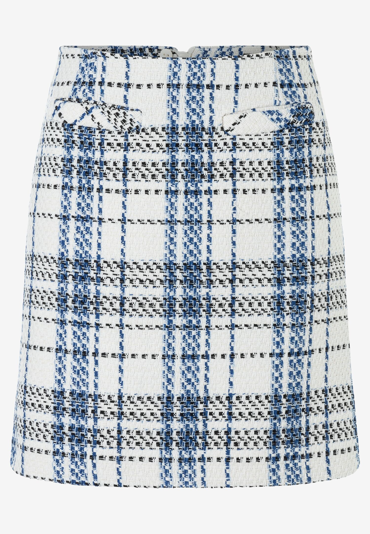 Ein Bouclé-Rock von MORE & MORE mit blau-schwarz-weißem Karomuster. Ein Bouclé-Rock von MORE & MORE mit blau-schwarz-weißem Karomuster.