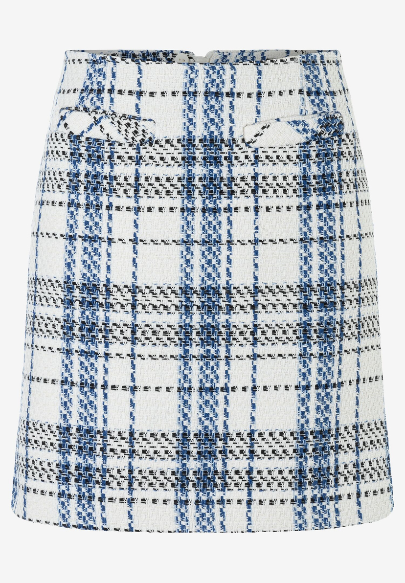 Ein Bouclé-Rock von MORE & MORE mit blau-schwarz-weißem Karomuster. Ein Bouclé-Rock von MORE & MORE mit blau-schwarz-weißem Karomuster.