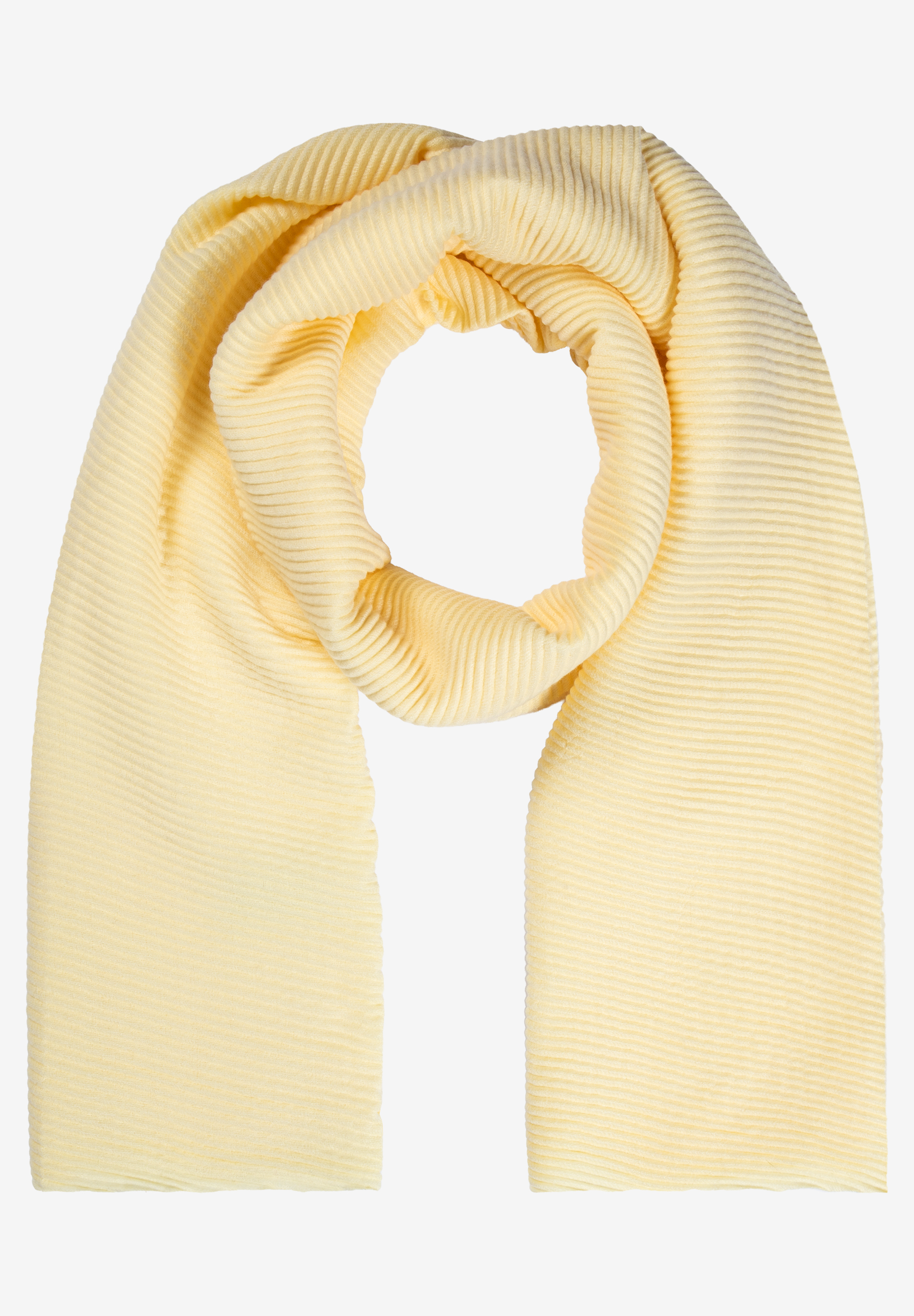 Ein gelber Accessoire-Schal von MORE & MORE, in Schlaufen gelegt. Ein gelber Accessoire-Schal von MORE & MORE, in Schlaufen gelegt.