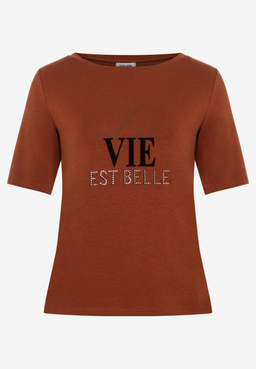 MORE & MORE T-Shirt in Rostbraun mit Glitzer-Print 