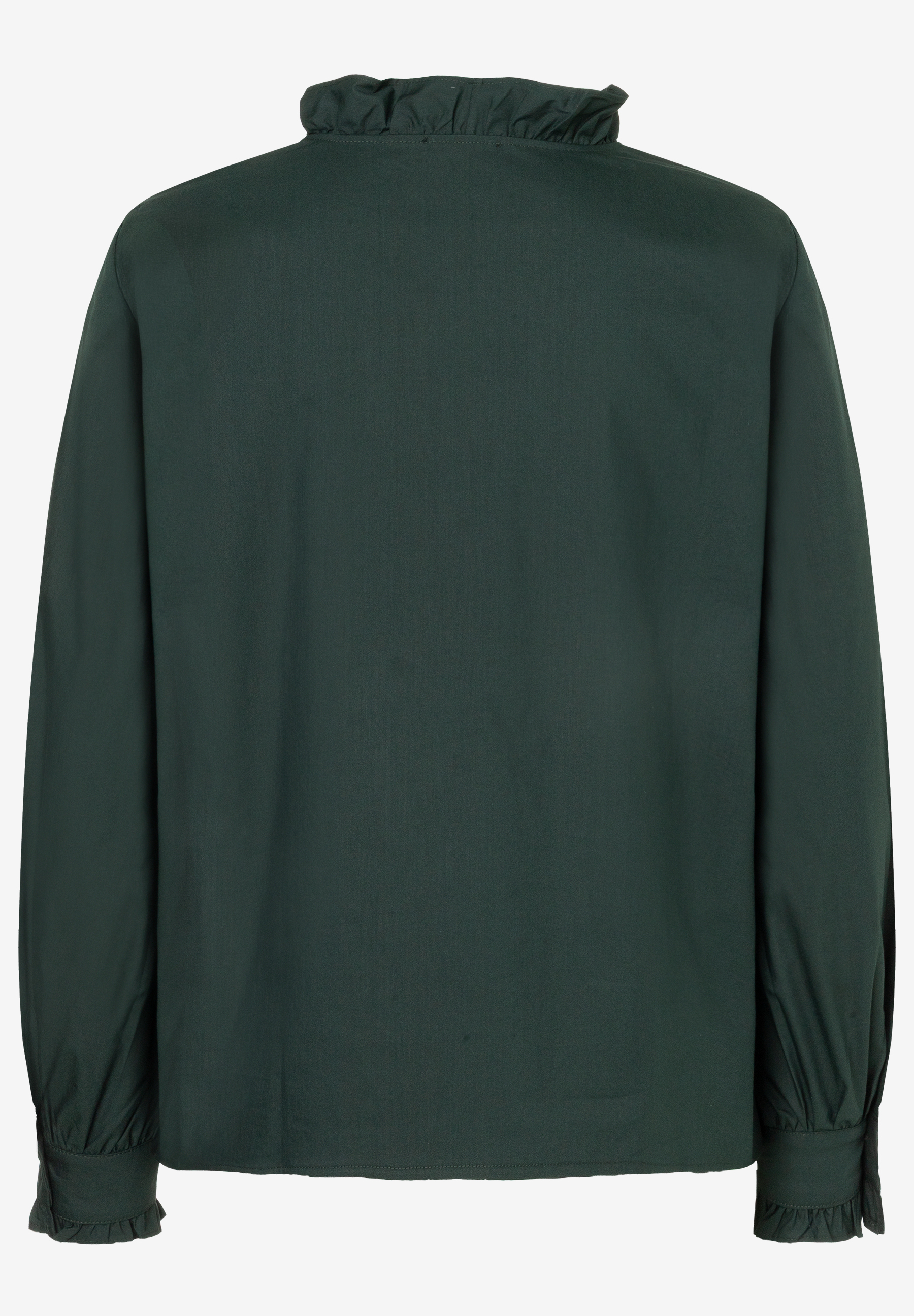 MORE & MORE Damen-Bluse, dunkelgrün, mit Rüschenkragen und langen Ärmeln mit Manschetten und Rüschen. Rückansicht. MORE & MORE Damen-Bluse, dunkelgrün, mit Rüschenkragen und langen Ärmeln mit Manschetten und Rüschen. Rückansicht.