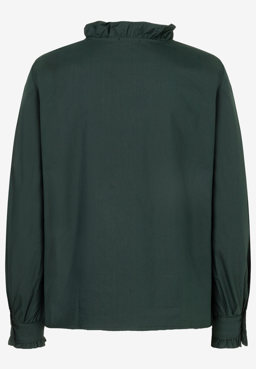 MORE & MORE Damen-Bluse, dunkelgrün, mit Rüschenkragen und langen Ärmeln mit Manschetten und Rüschen. Rückansicht. MORE & MORE Damen-Bluse, dunkelgrün, mit Rüschenkragen und langen Ärmeln mit Manschetten und Rüschen. Rückansicht.