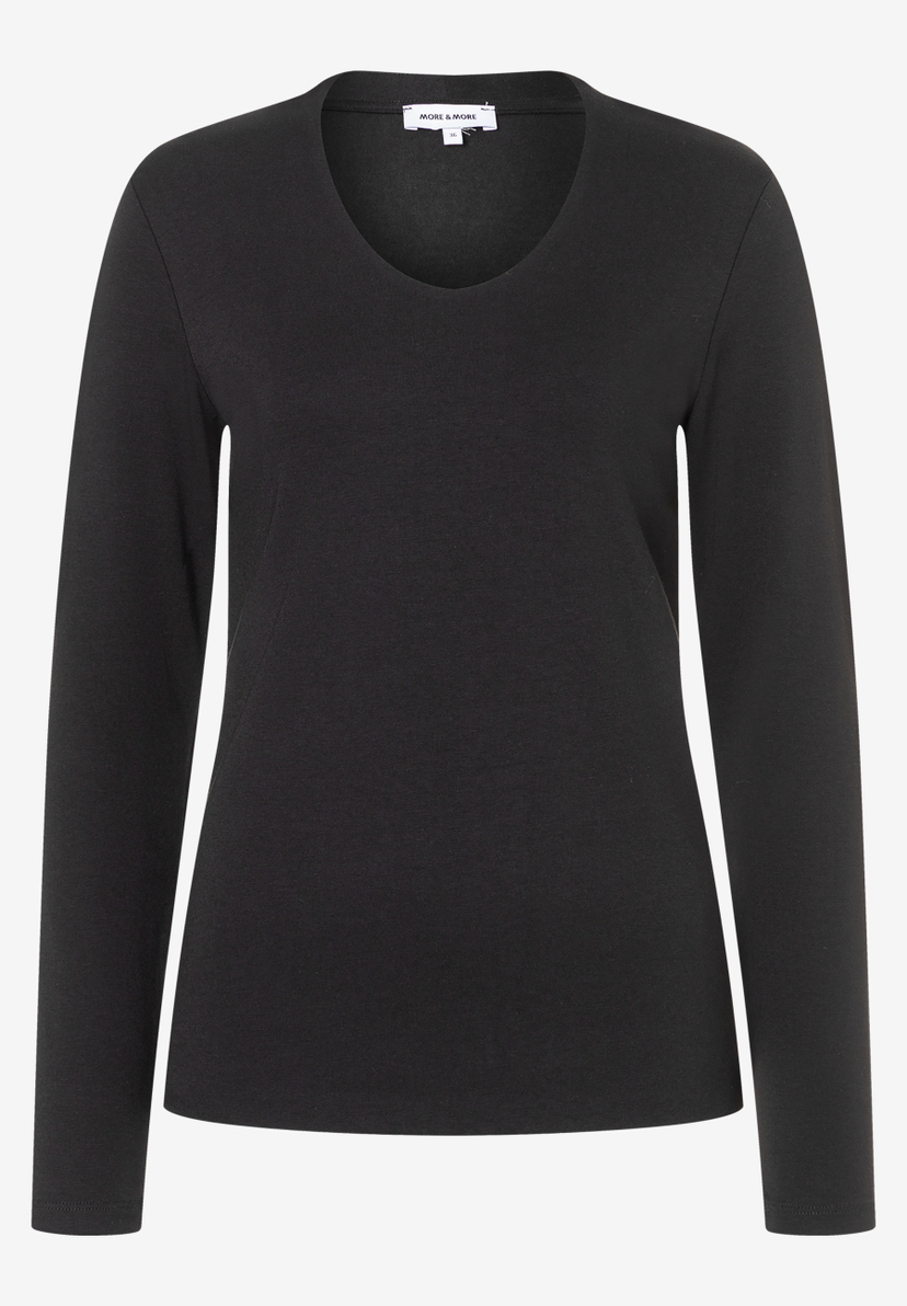 Ein schwarzes MORE & MORE Jersey-Oberteil mit langen Ärmeln und U-Boot-Ausschnitt. Ein schwarzes MORE & MORE Jersey-Oberteil mit langen Ärmeln und U-Boot-Ausschnitt.
