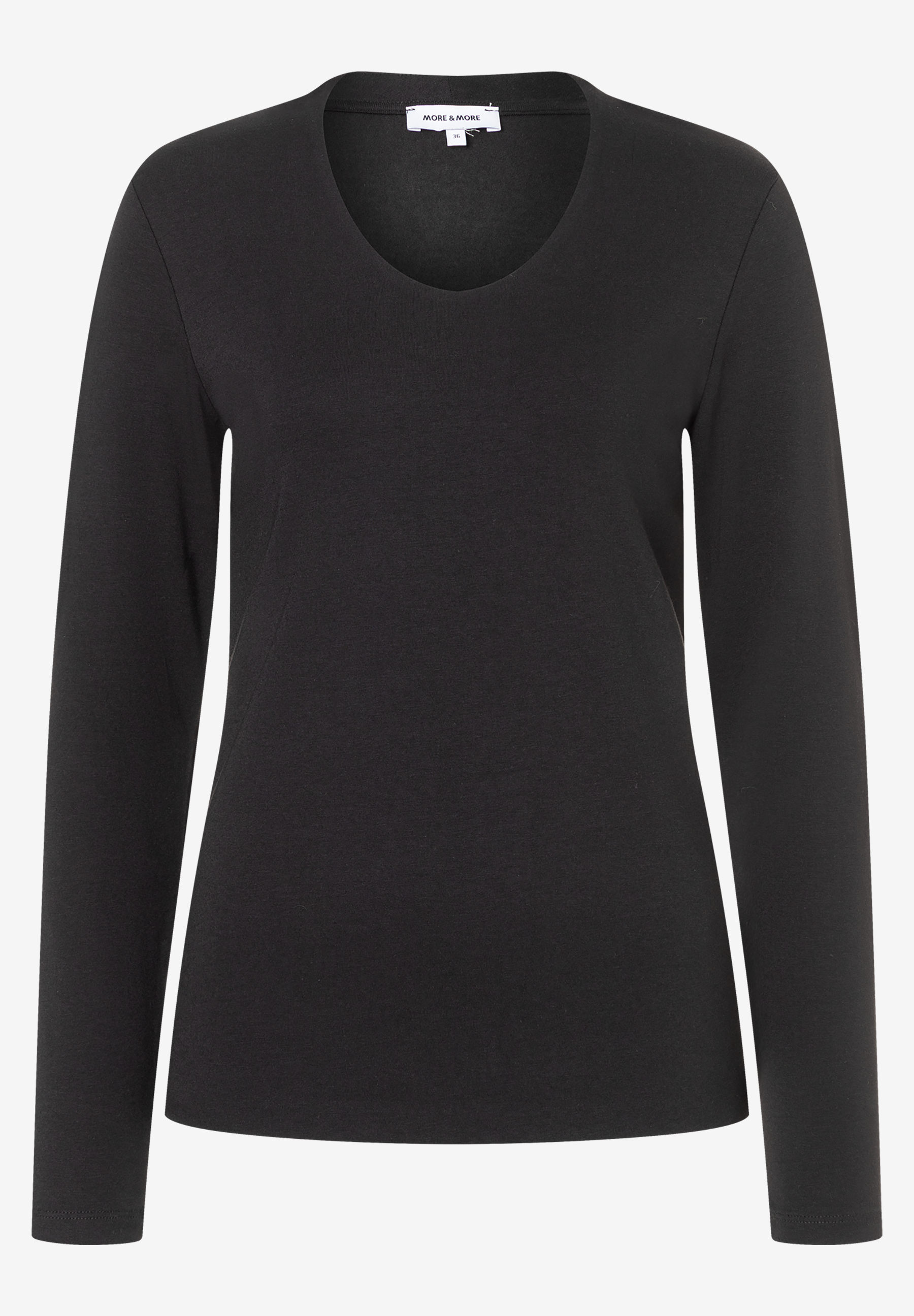 Ein schwarzes MORE & MORE Jersey-Oberteil mit langen Ärmeln und U-Boot-Ausschnitt.