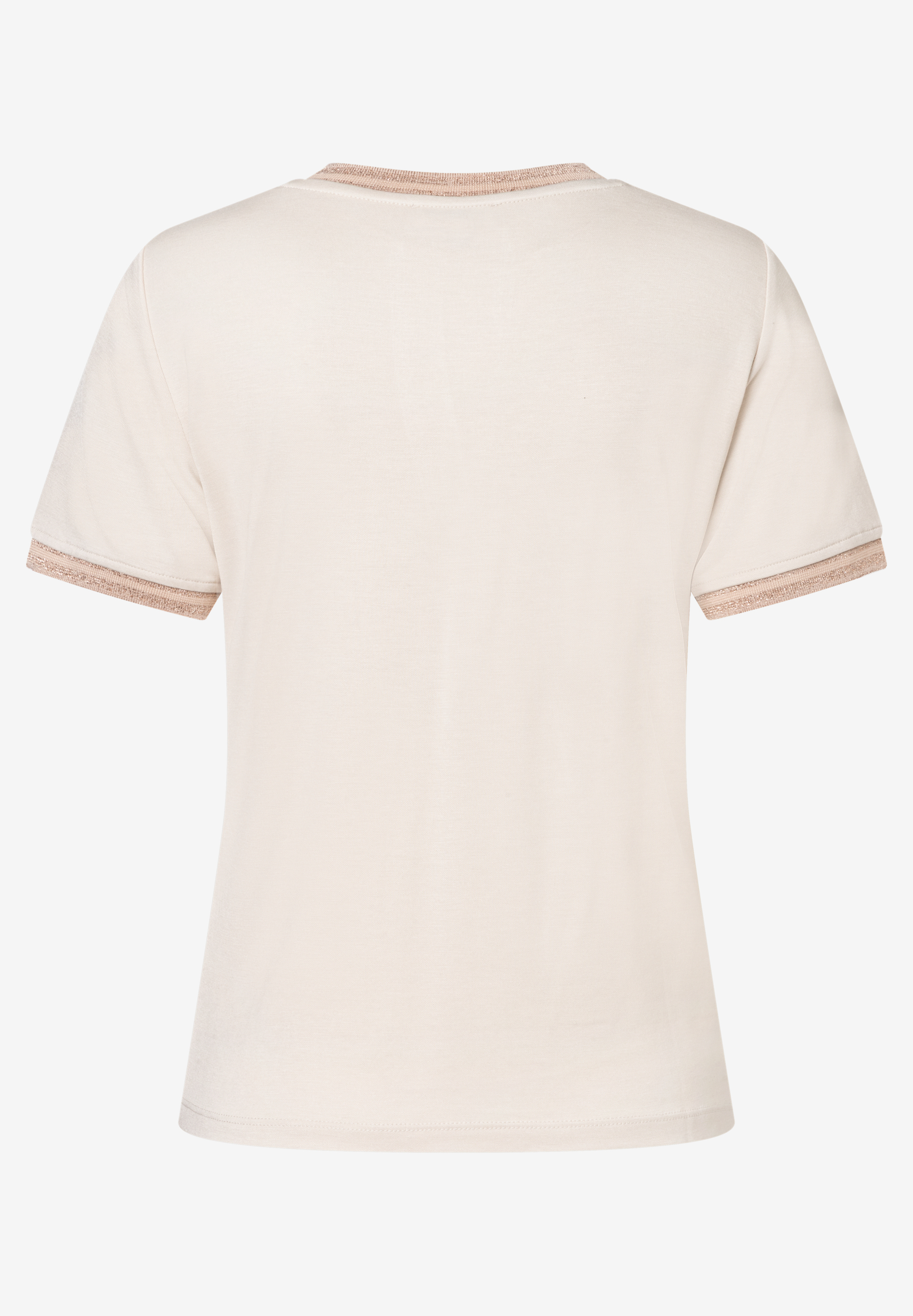 Ein cremefarbenes MORE & MORE T-Shirt, Jersey mit Glitzerbündchen an Ärmeln und Halsausschnitt, abgebildet von hinten. Ein cremefarbenes MORE & MORE T-Shirt, Jersey mit Glitzerbündchen an Ärmeln und Halsausschnitt, abgebildet von hinten.