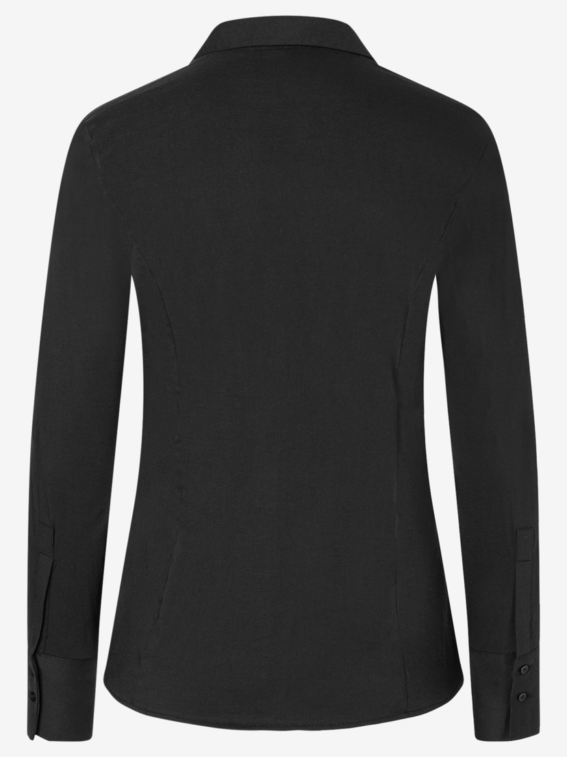 Rückenansicht einer schwarzen MORE & MORE Bluse mit langen Ärmeln. Rückenansicht einer schwarzen MORE & MORE Bluse mit langen Ärmeln.
