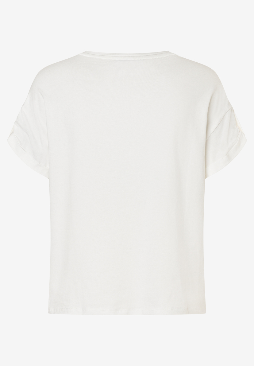 Ein weißes MORE & MORE T-Shirt mit kurzen, leicht gerafften Ärmeln. Ein weißes MORE & MORE T-Shirt mit kurzen, leicht gerafften Ärmeln.