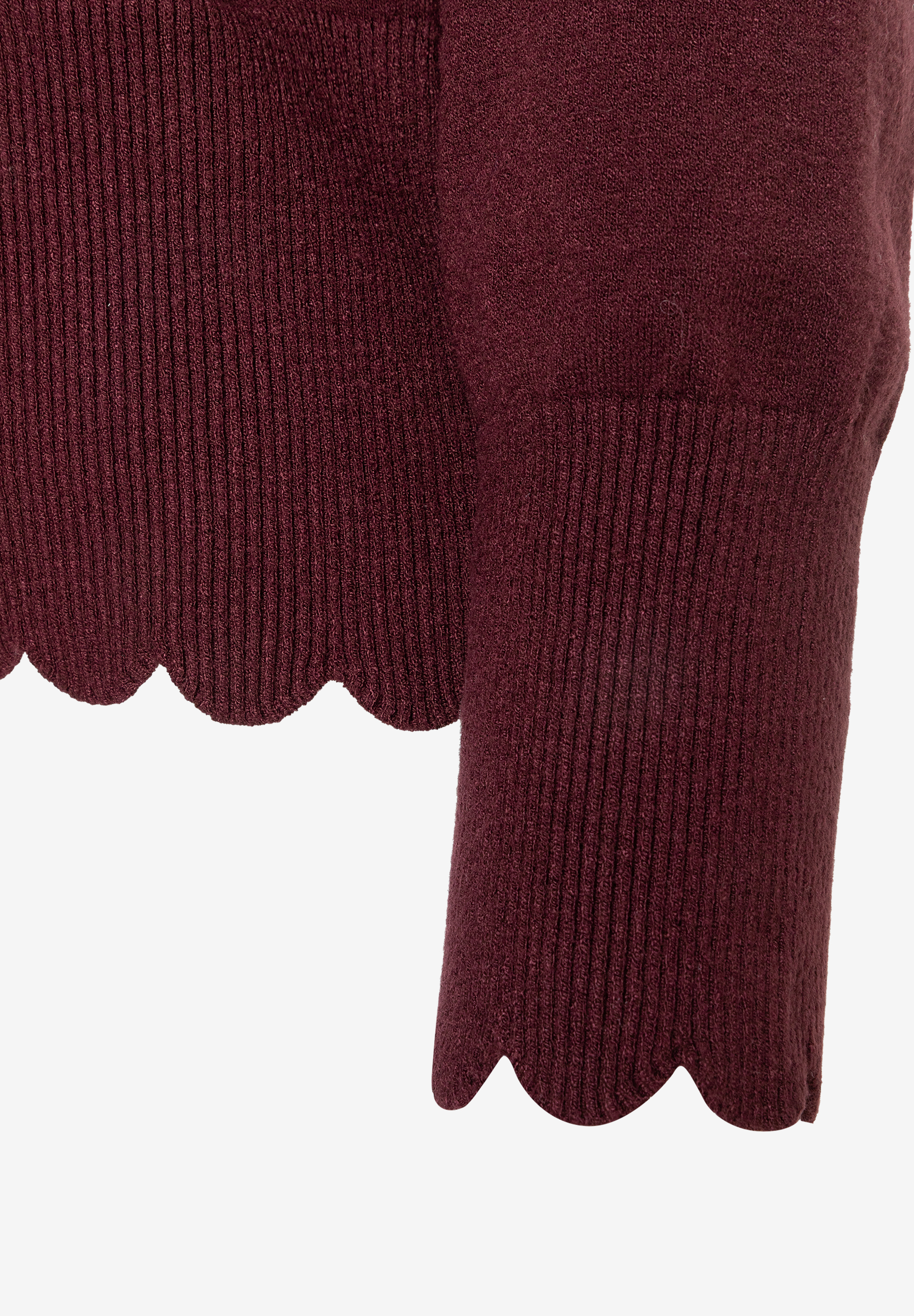 MORE & MORE Pullover & Strickwaren in Burgundrot mit Rippenmuster und gewelltem Saum sowie Manschetten.